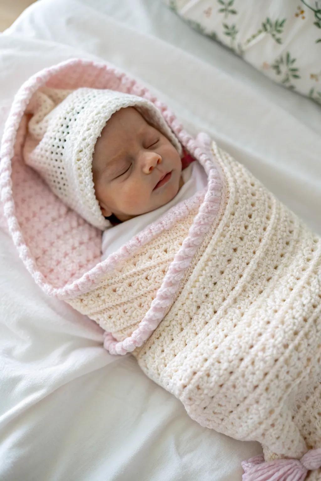 A cozy cocoon setup highlights the warmth and snugness of the first weeks.