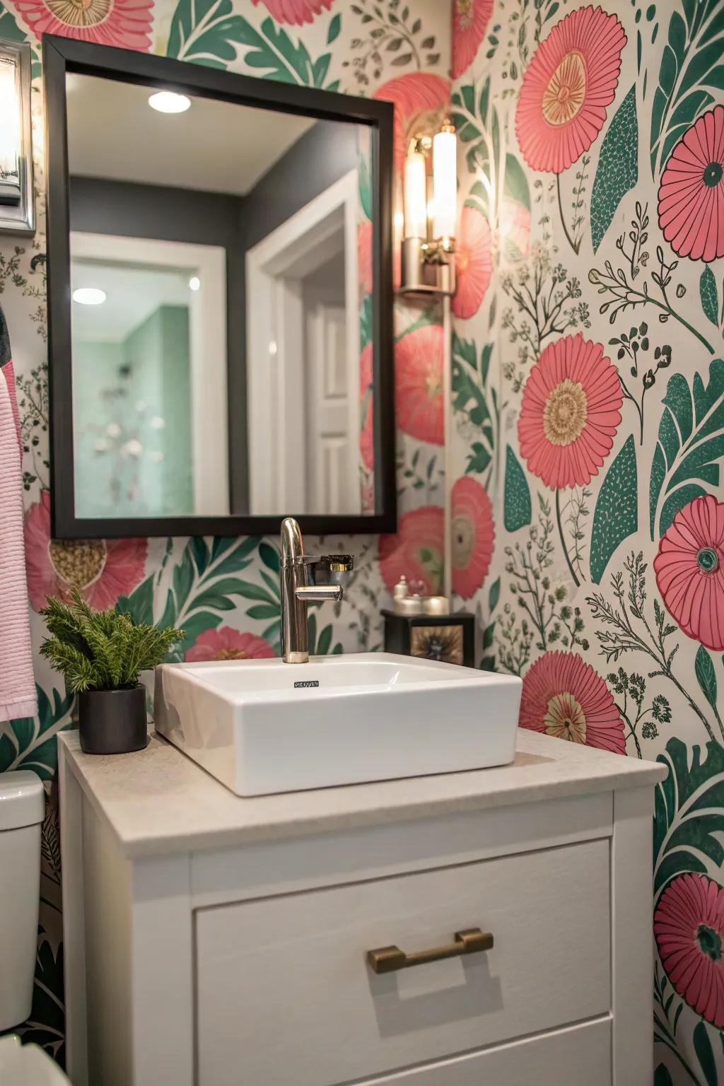 Bold floral wallpaper infuses charm into this powder room.