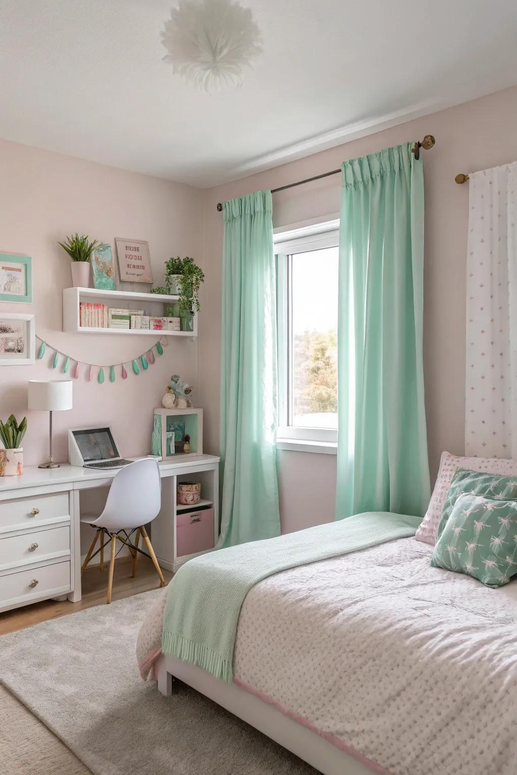 Neutral and pastel hues create a calming and modern atmosphere in a girl's bedroom.