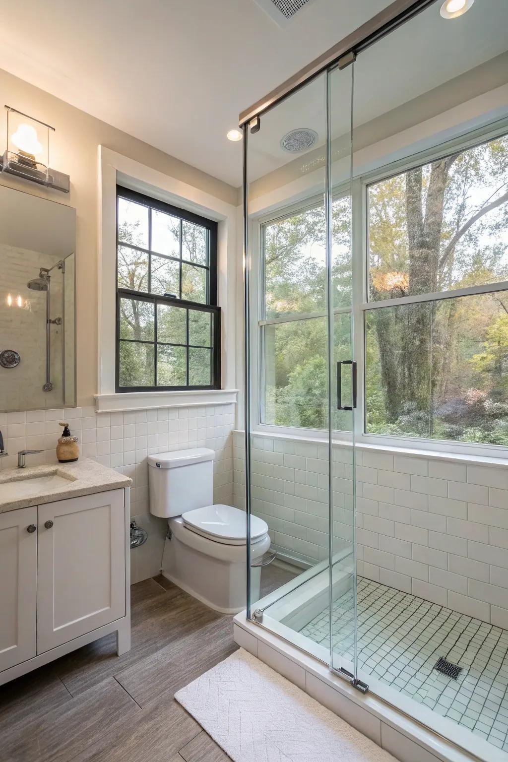 Open-concept bathroom featuring clear dividers and natural light.