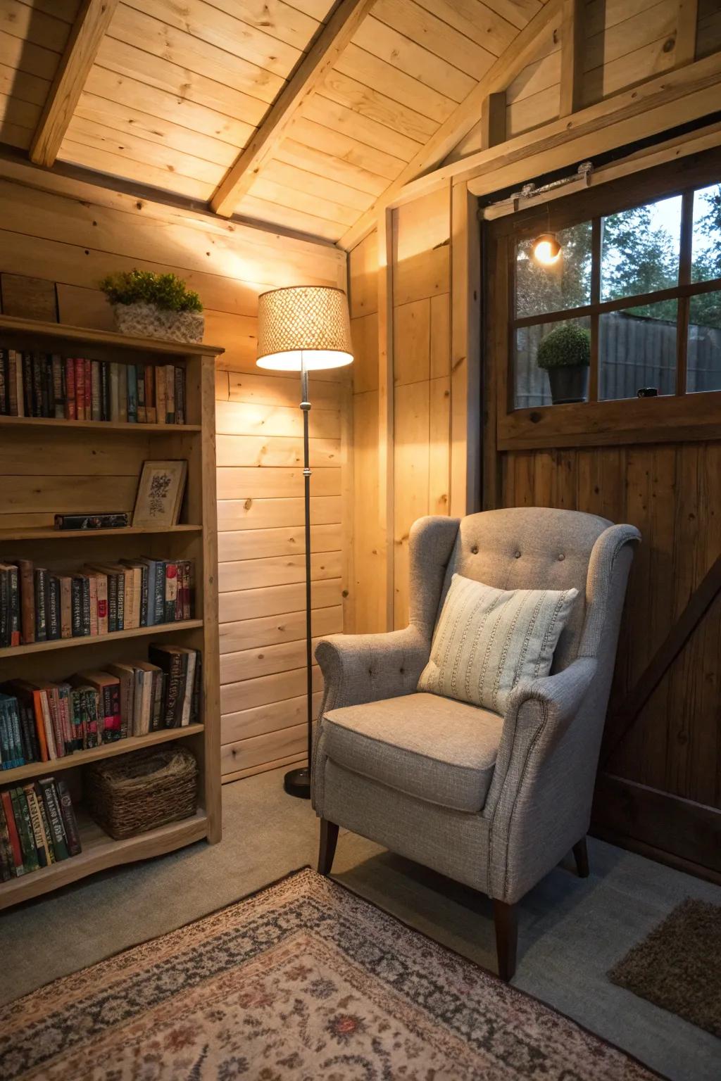 Transform your shed into a tranquil reading nook with an inviting arrangement.