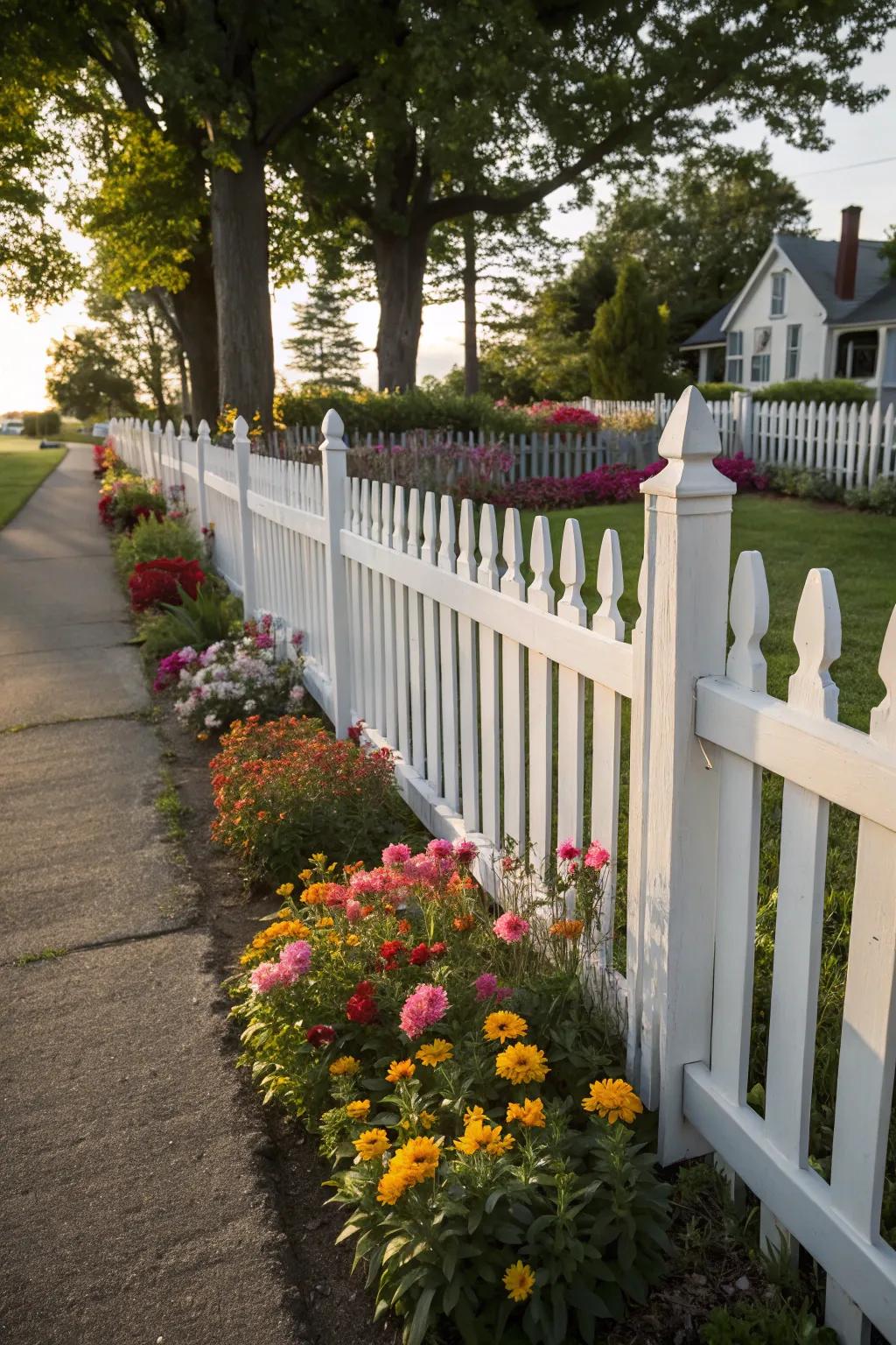 A charming white picket fence brings a classic touch to any garden.