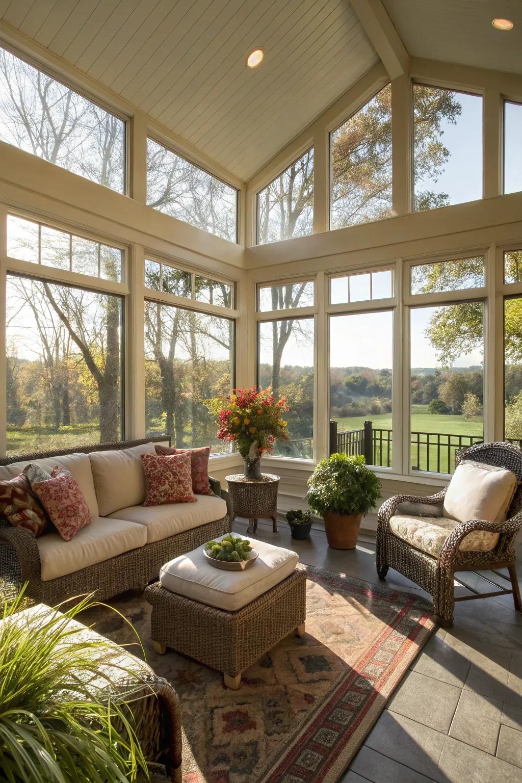 Bright and airy porch with expansive windows.