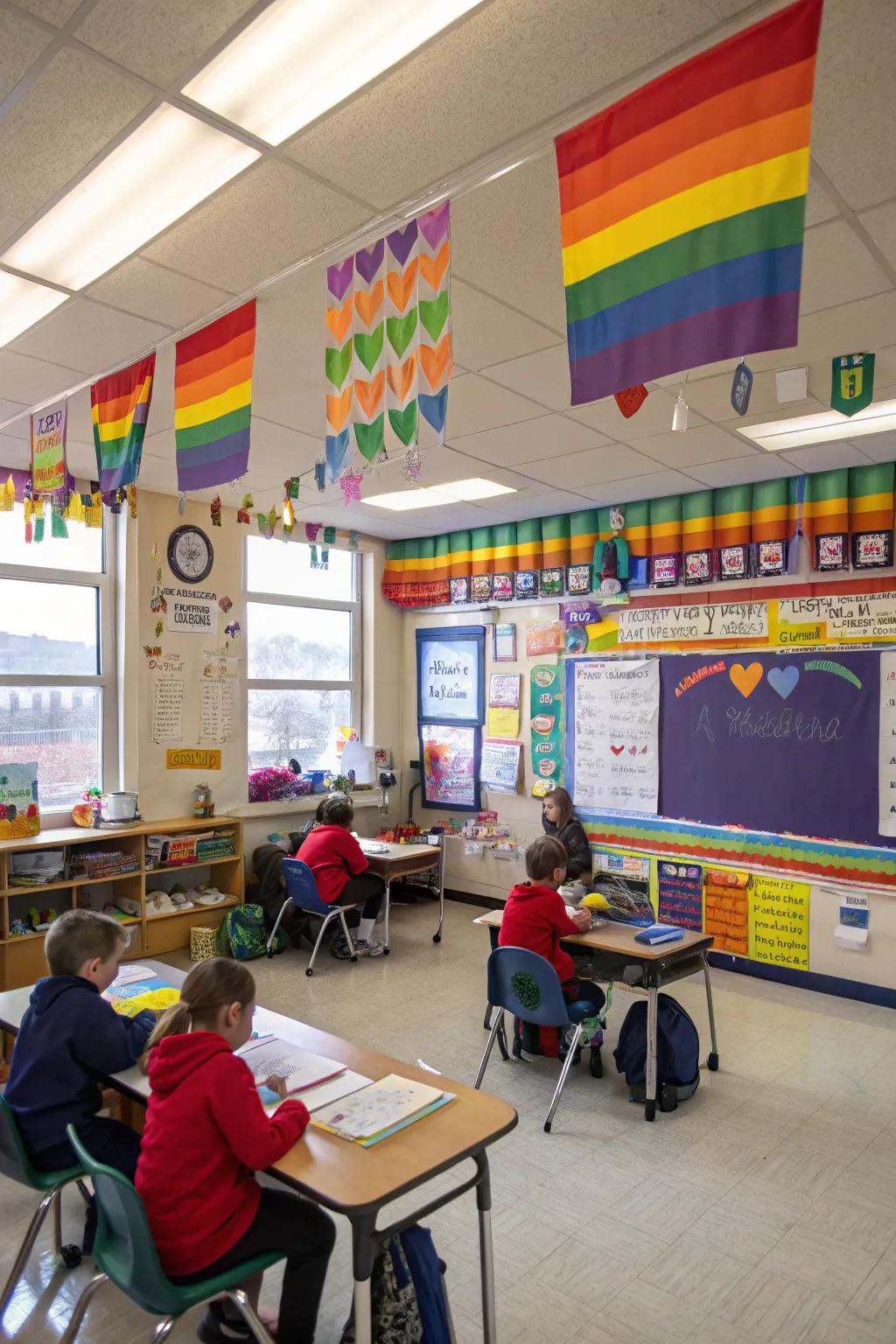 A third-grade classroom aglow with a lively rainbow theme