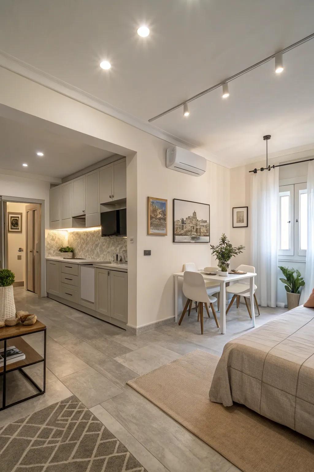 Open layouts make studio apartments feel larger and more fluid.