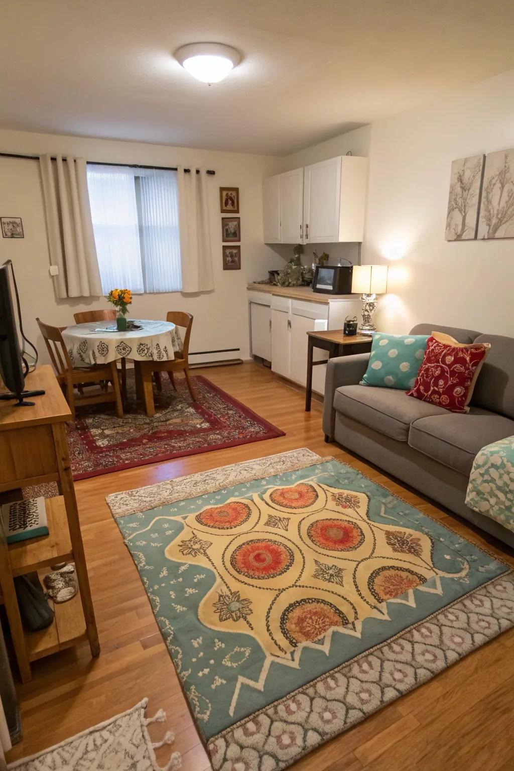 Floor coverings help separate living zones without using walls