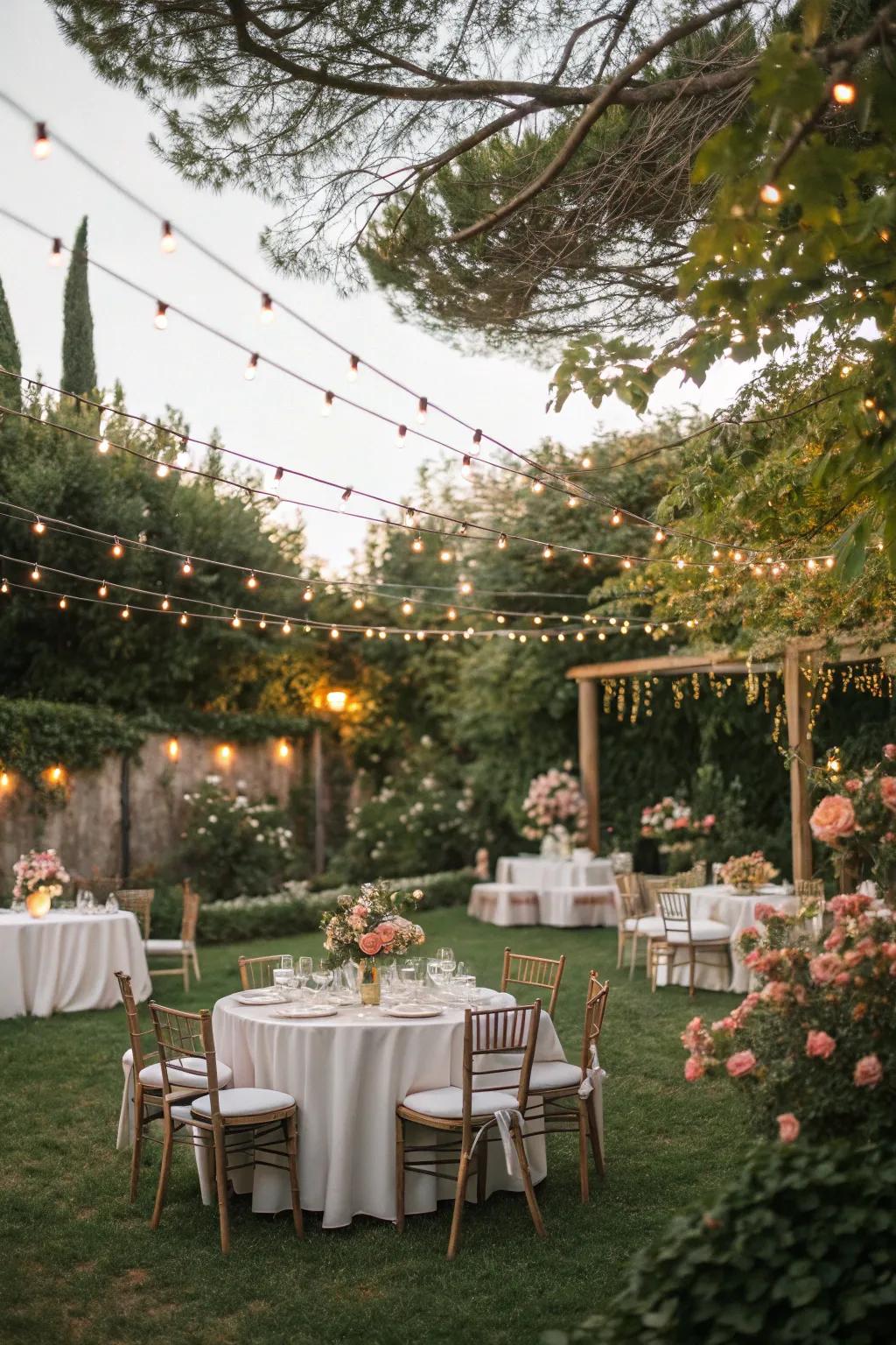 Throw a stylish garden party with beautiful decorations and soft lighting.