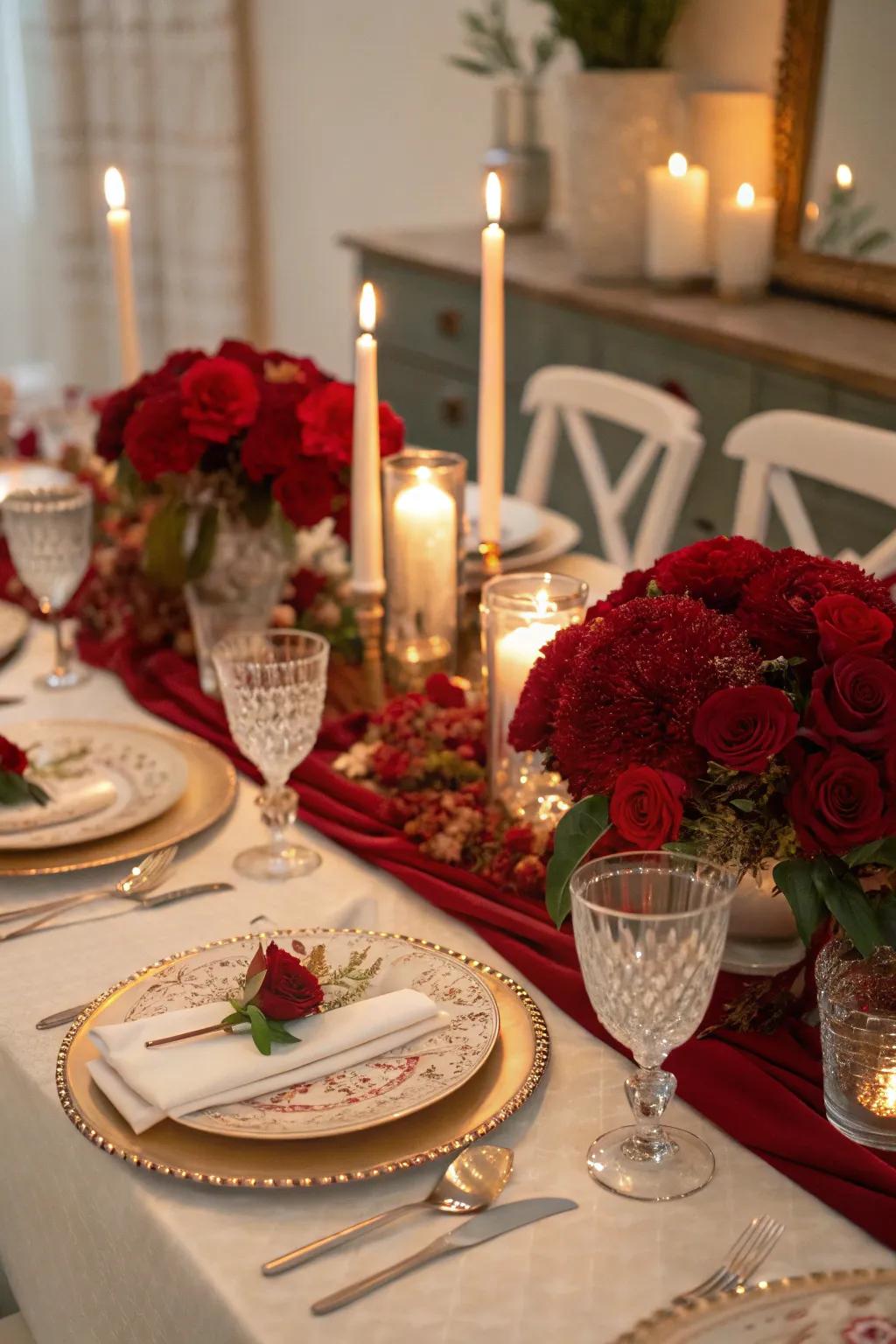 Ruby red floral centerpieces perfectly set the tone for a 40th anniversary.
