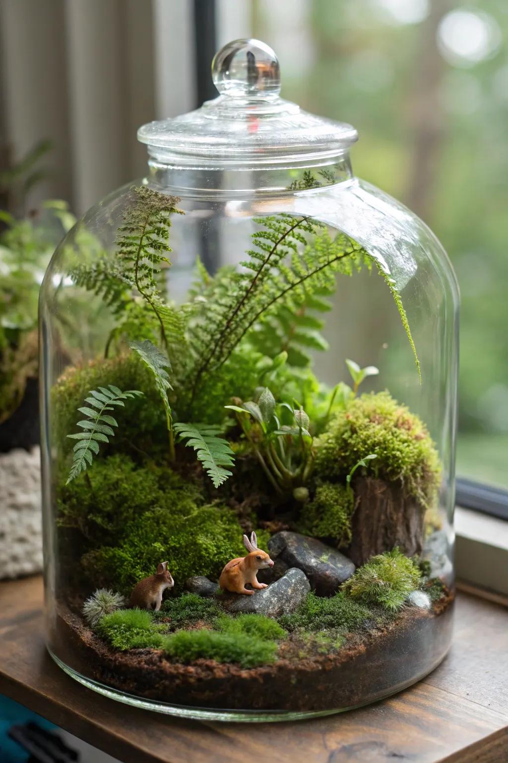 A tiny rainforest nature display with ferns, mosses, and figures.
