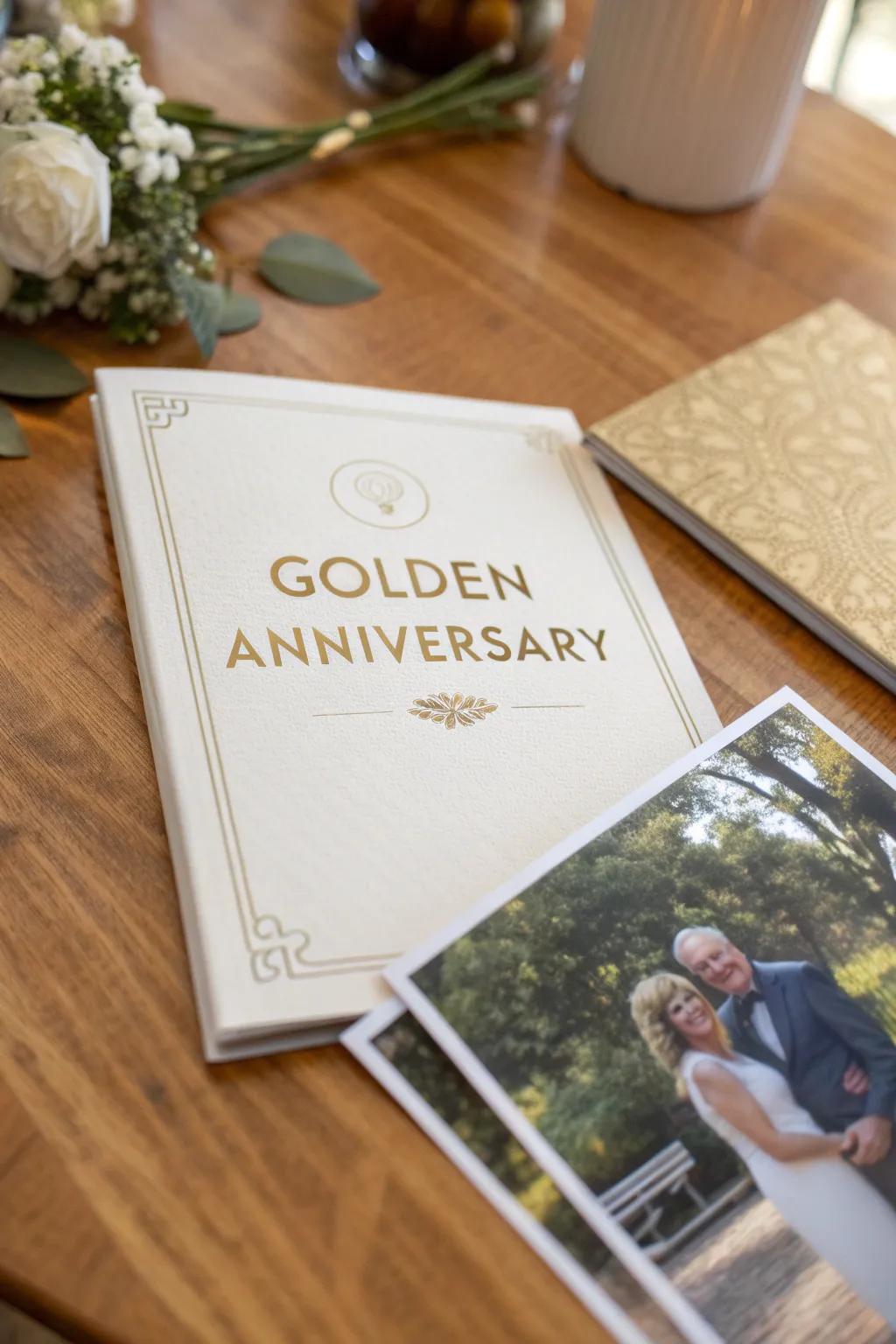An elegant invitation design for a 50th anniversary, highlighted with gold accents.