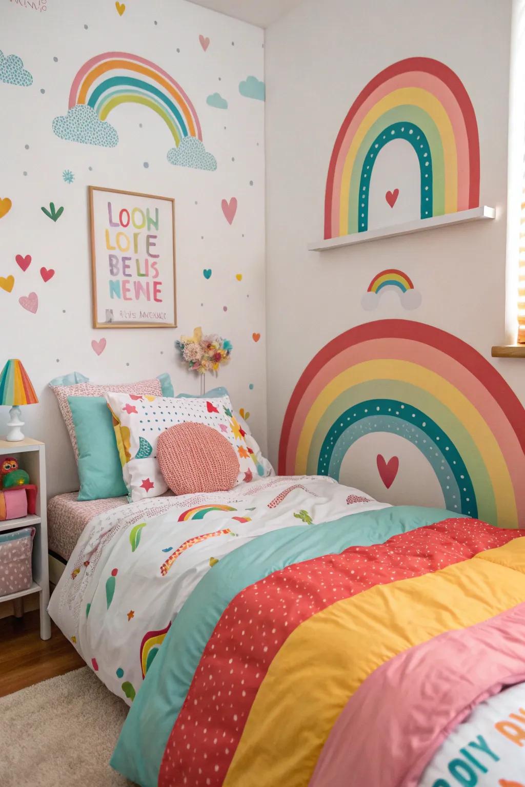 An energetic bedroom centered around a rainbow motif, promoting joy and originality.