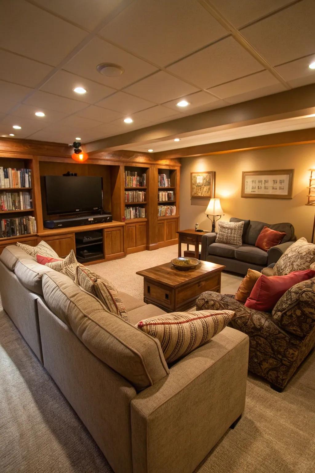 Design a warm and welcoming family room in your basement—perfect for those snug gatherings.