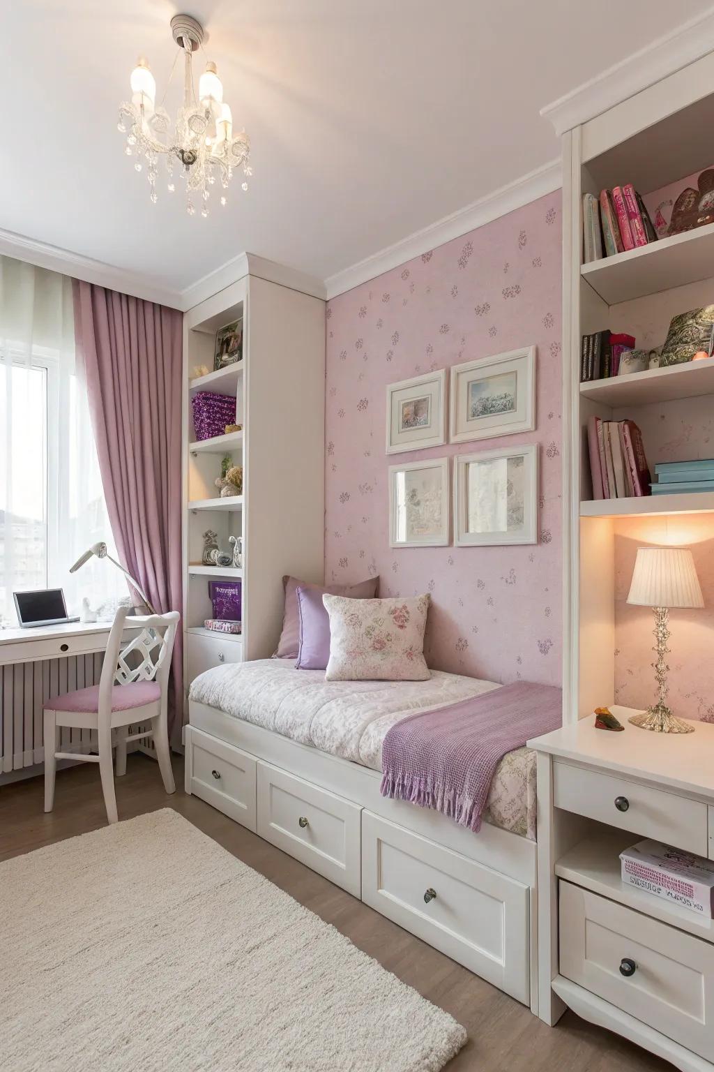 A harmonious blend of pastel colors sets a peaceful tone in this girl's bedroom.