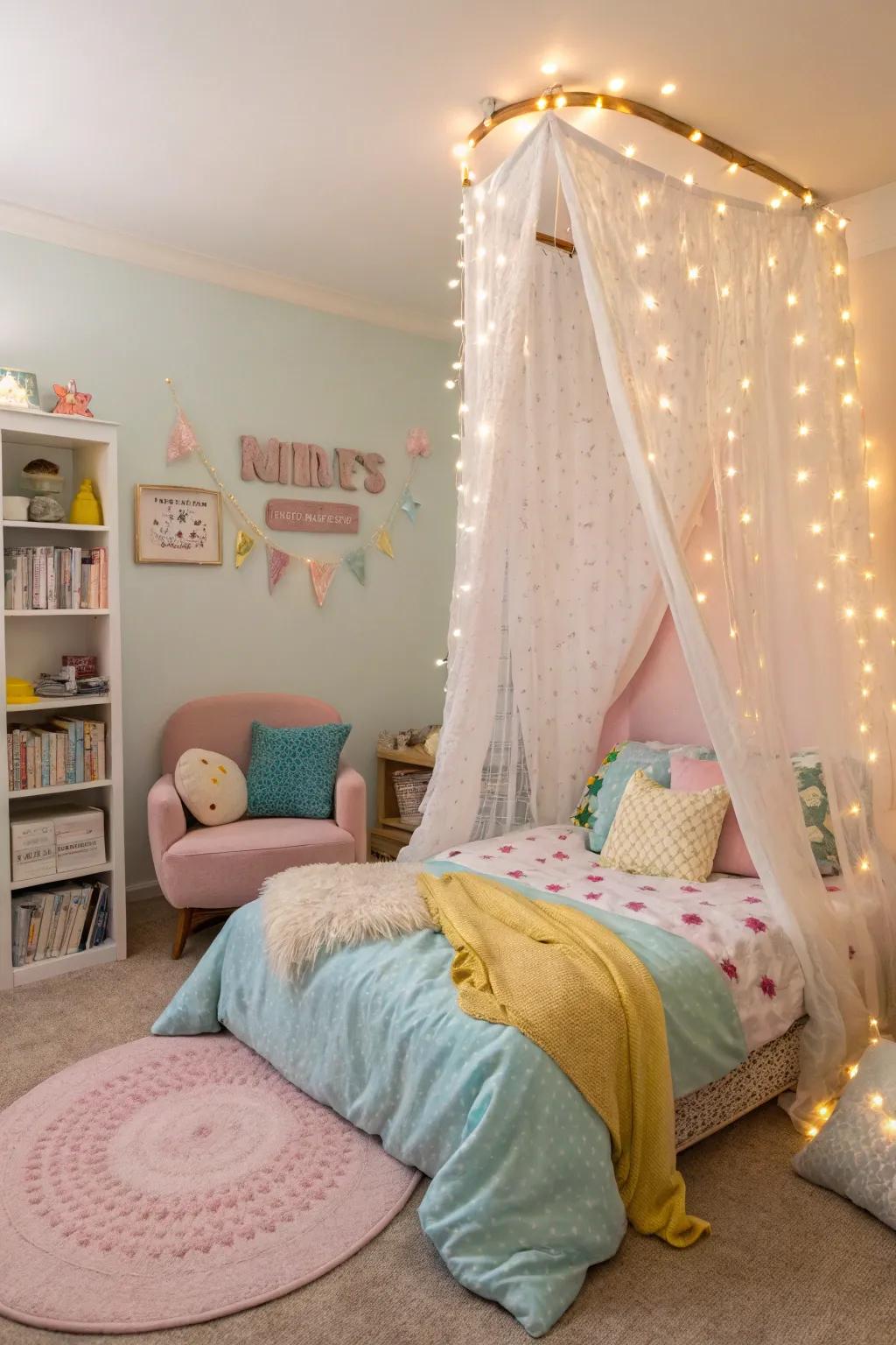 An enchanting canopy bed decorated with twinkling lights, crafting a comforting retreat.
