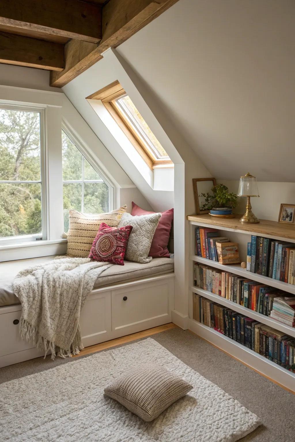 Design an inviting reading corner within your A-frame attic for the quintessential escape.