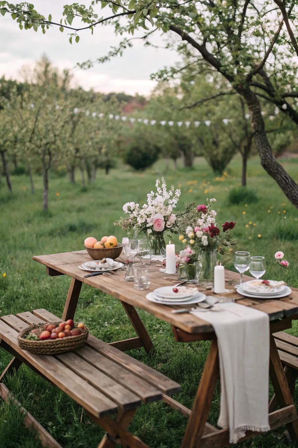 A lovely outdoor dining table nestled in a garden, all set for guests.
