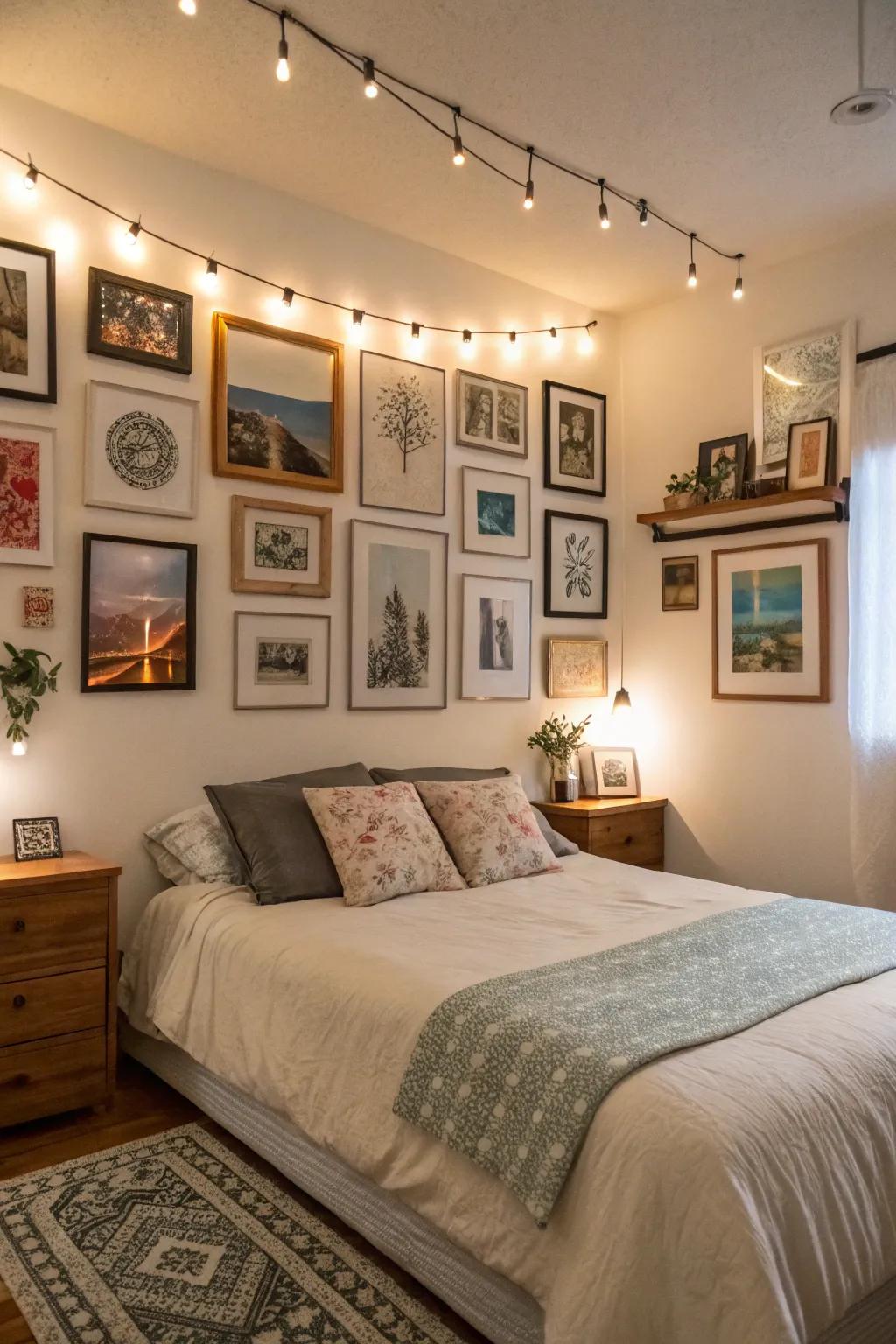 A vibrant gallery wall above the bed adds character and charm.