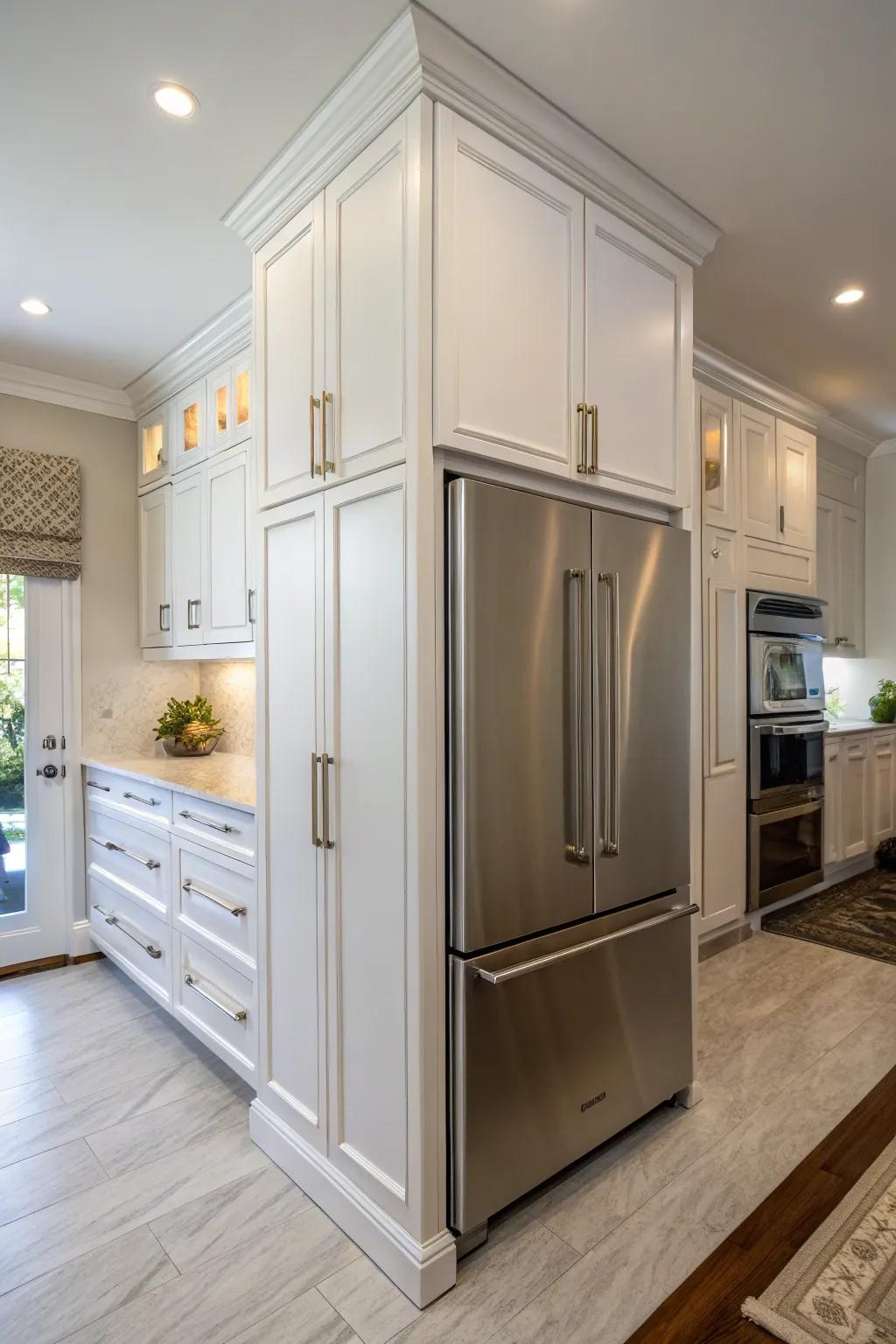 Custom cabinets provide a smooth and custom appearance above your refrigerator.