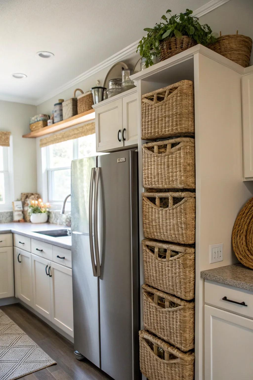Stylish storage achieved with woven baskets placed above the fridge.