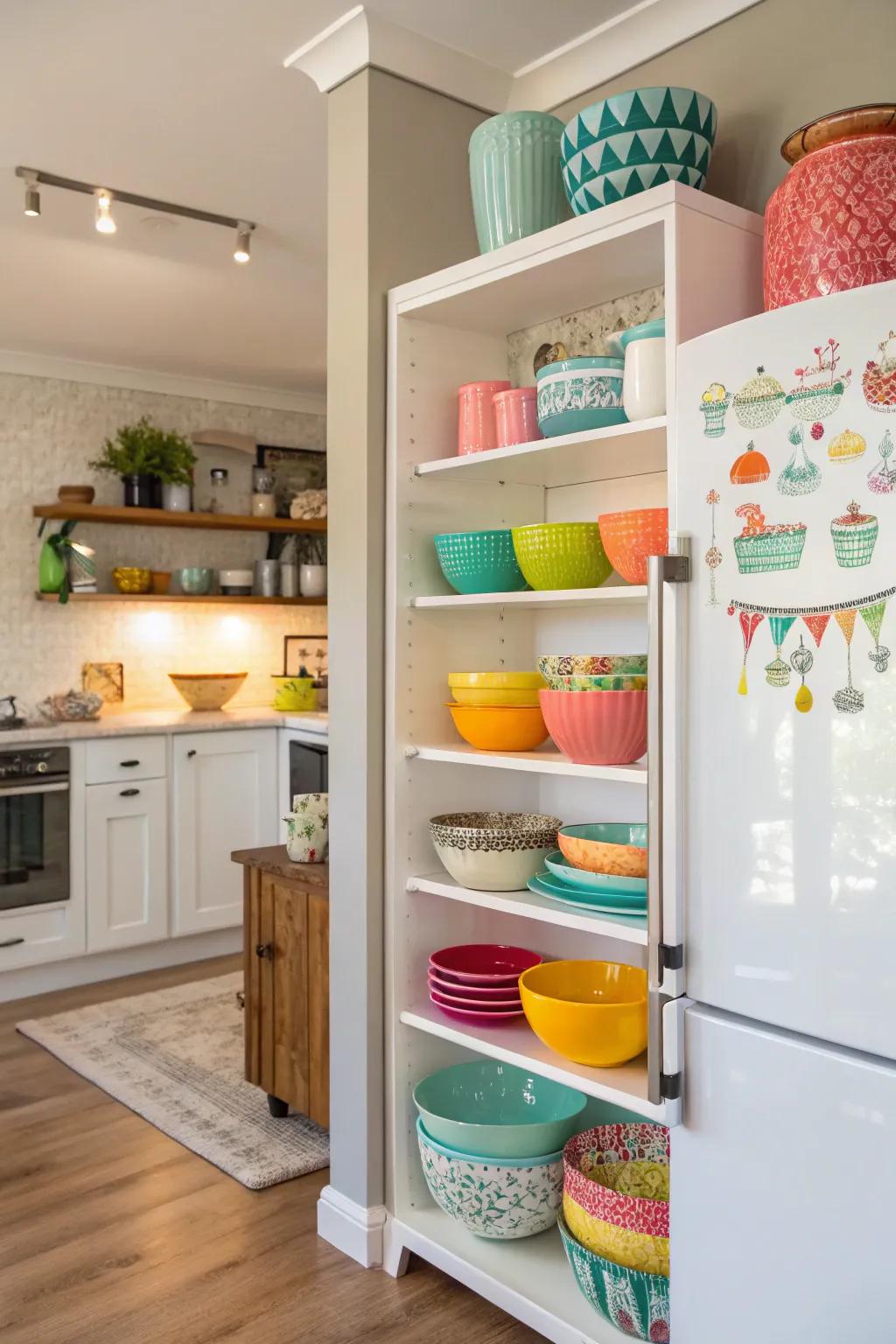 Open shelves create a stunning and practical display over the fridge.