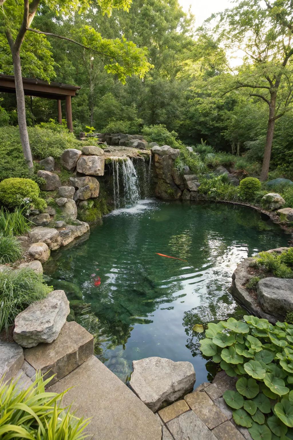 An attractive natural stone waterfall enhances the charm of an above-ground pond.