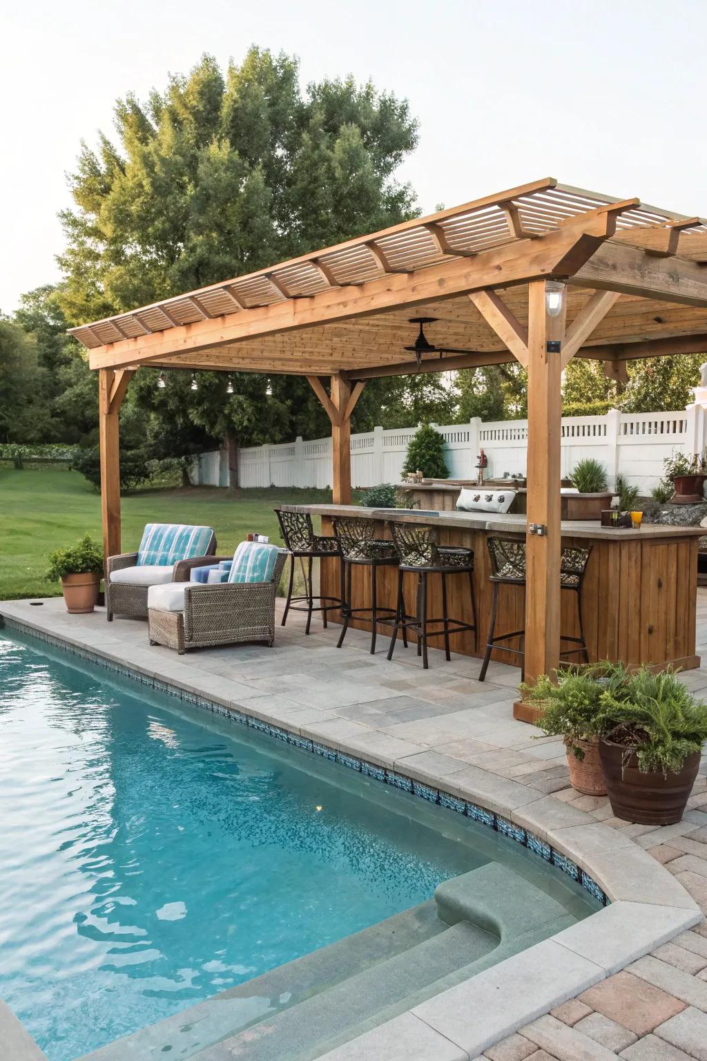 A pergola provides a sophisticated and functional addition to your pool bar.