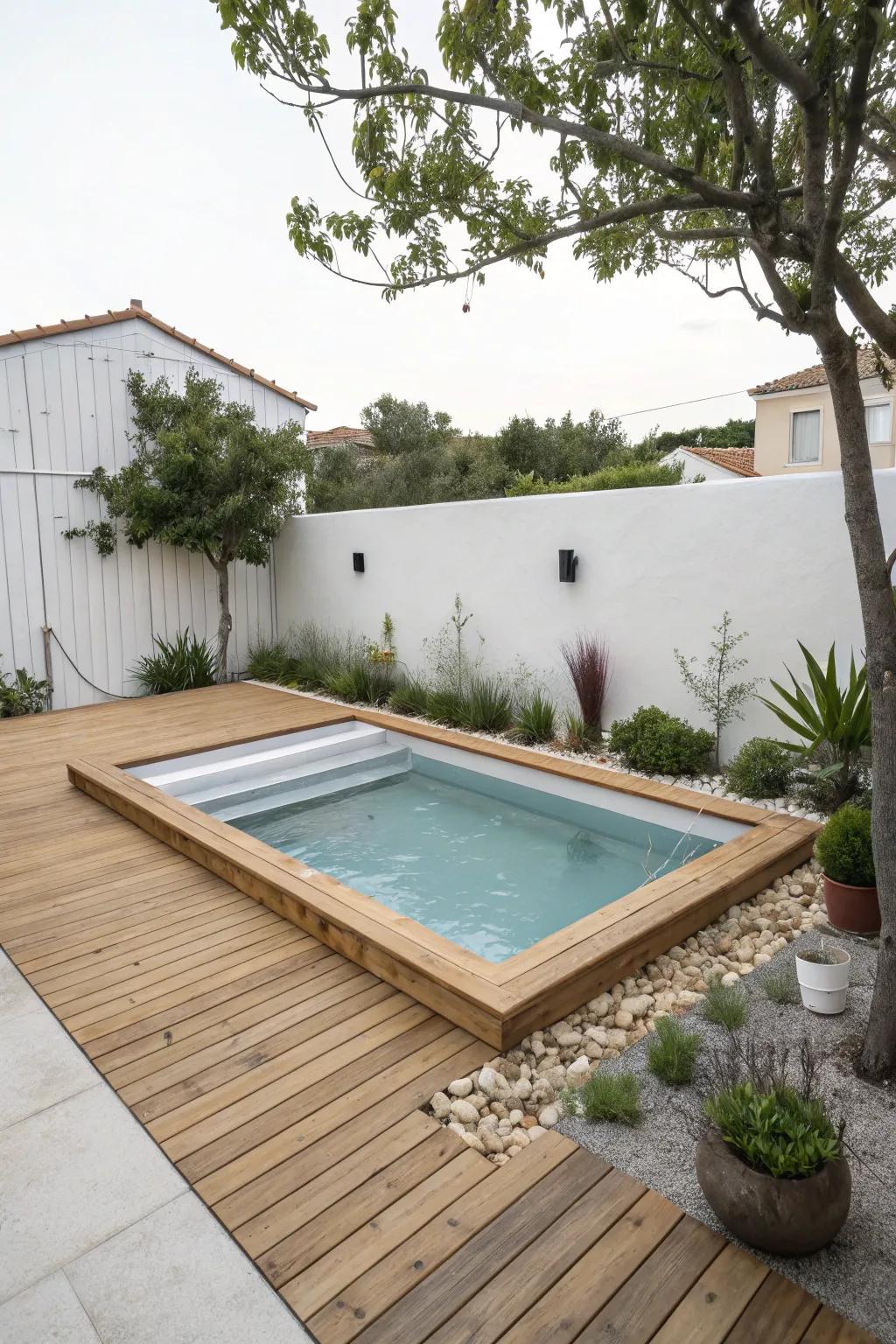Enjoy simplicity with a minimalist wooden pool deck.