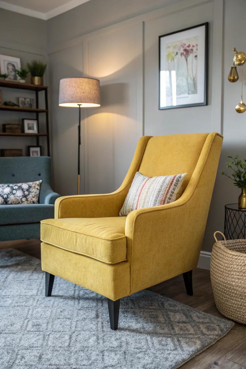 A goldenrod accent chair includes a splash of color to a neutral living room.