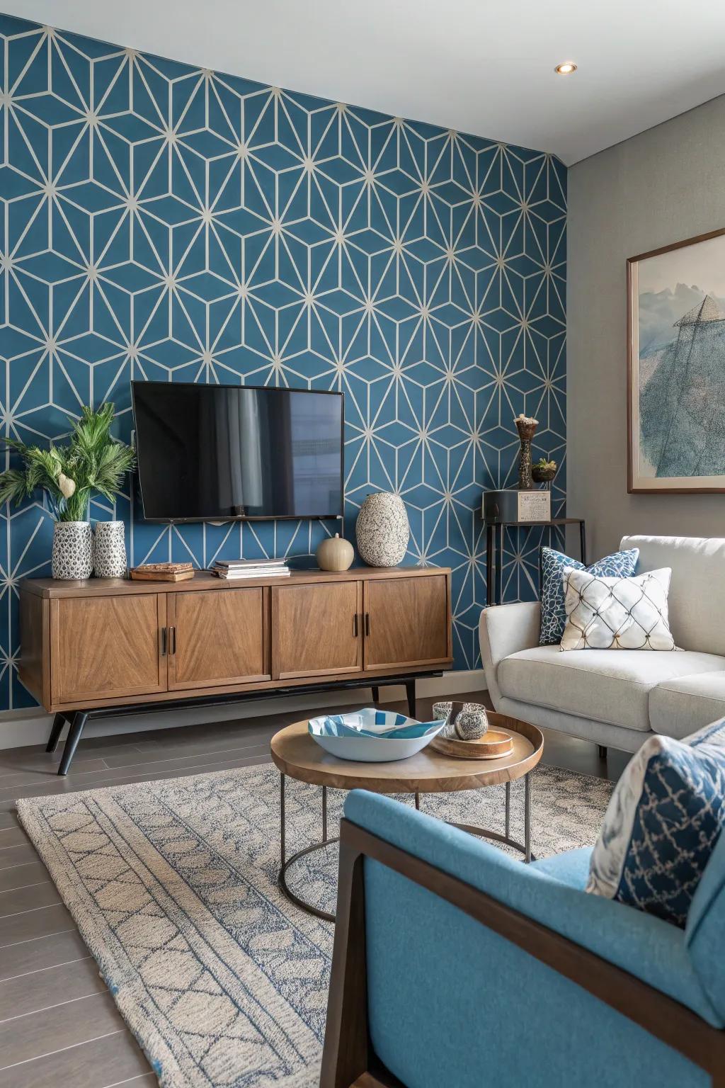 A stylish geometric design feature wall in a modern living area.