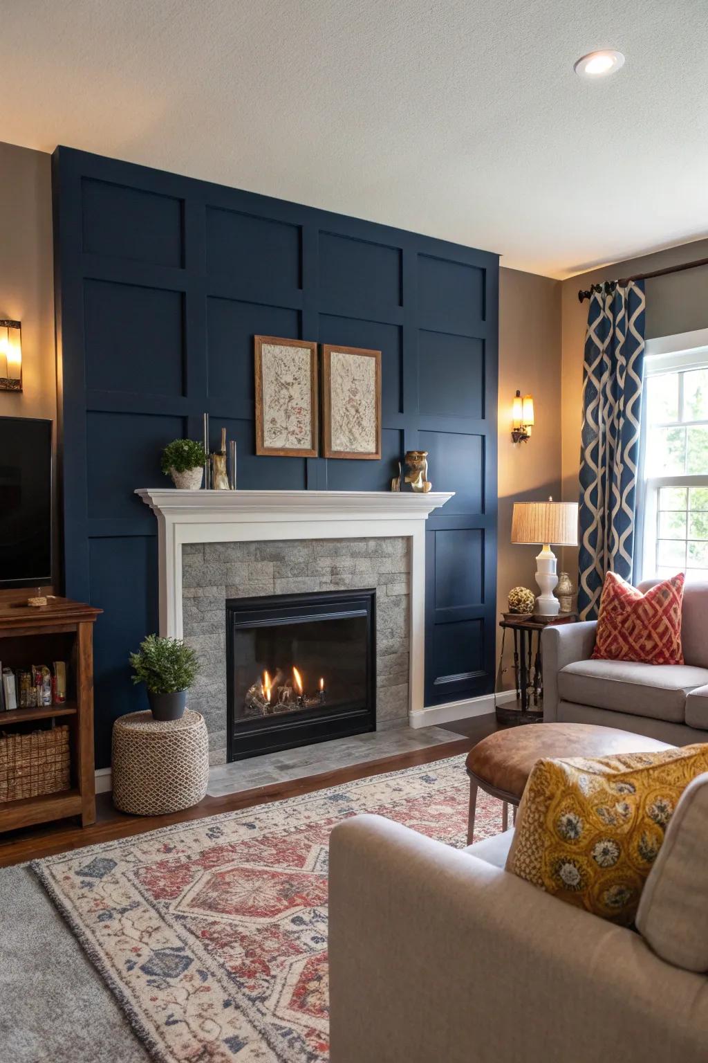 The vibrant midnight blue accent wall enhances the modern fireplace.