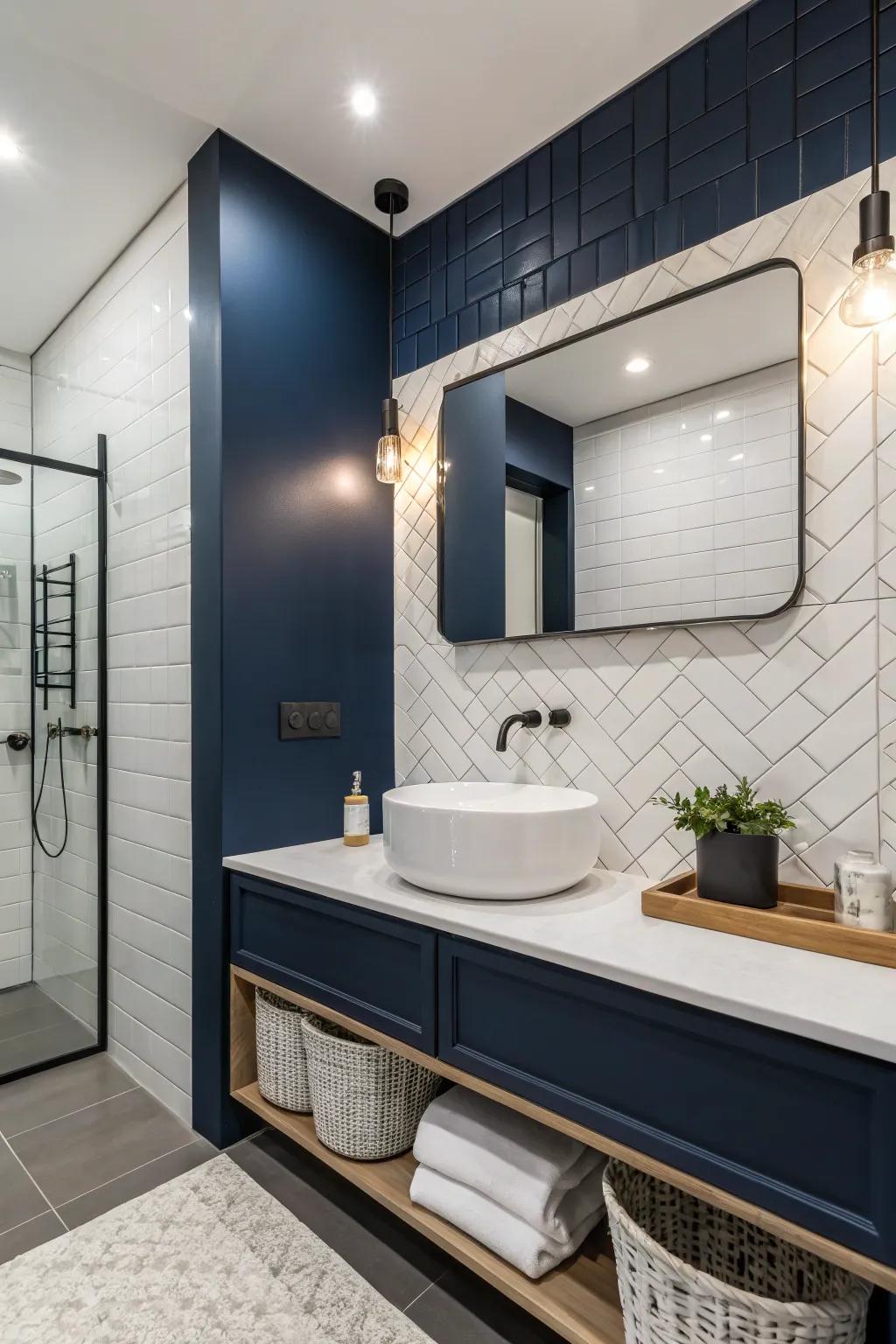 A bold color accent wall introduces richness and individuality to any bathroom.