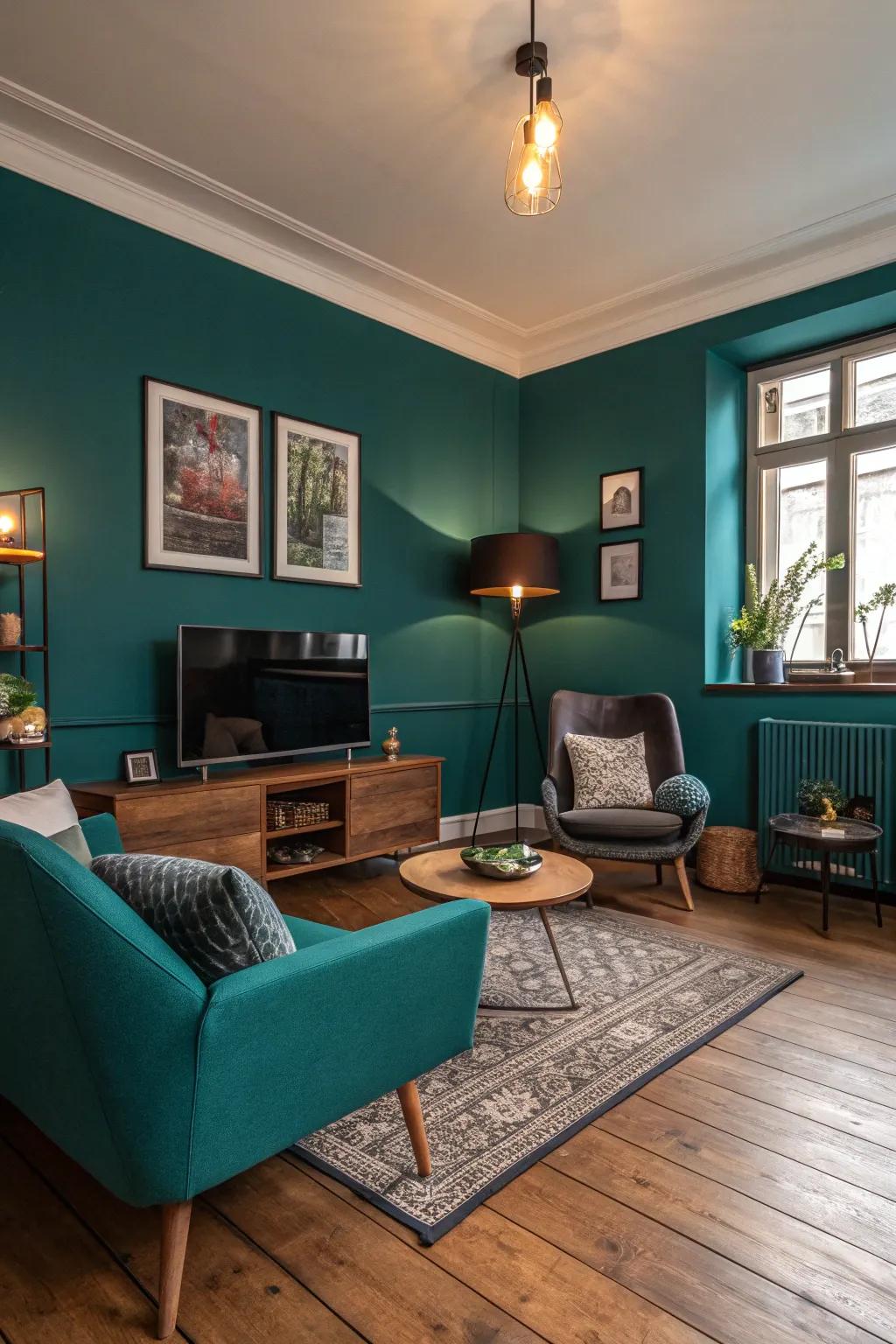 Rich cerulean feature wall introduces a dynamic element to the living area.