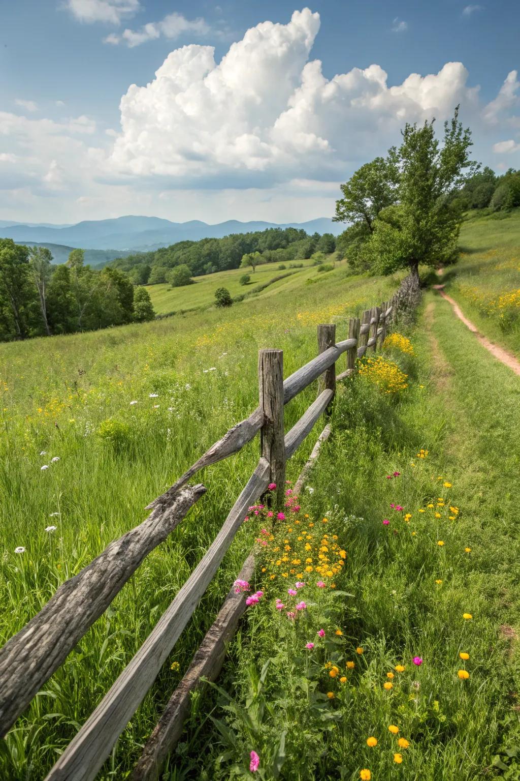 A traditional split rail fence infuses rustic charm into any scenery.