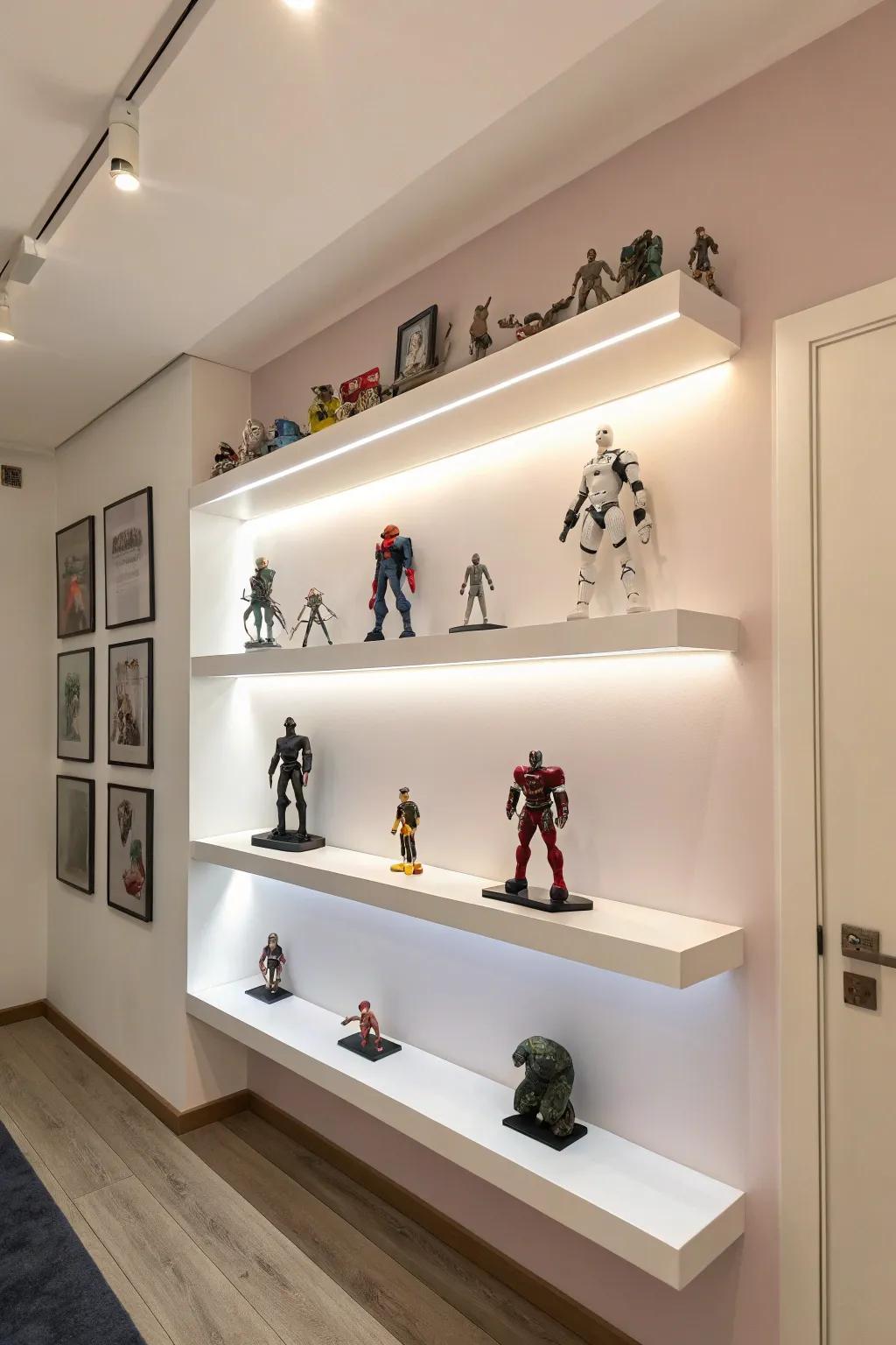 Sleek shelves provide a cutting-edge avenue for displaying your assortment.