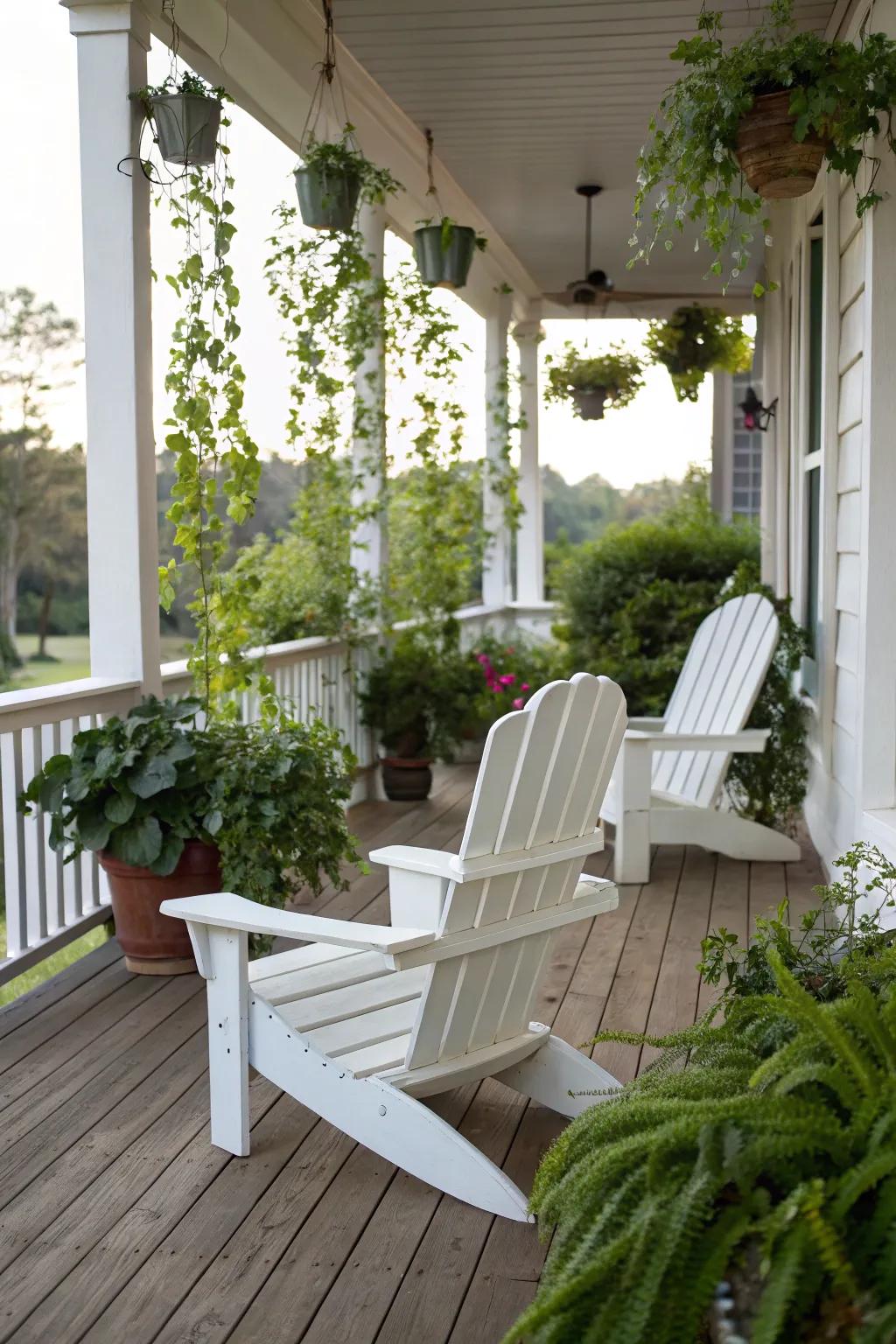 Classic white garden chairs, offering a timeless appeal.