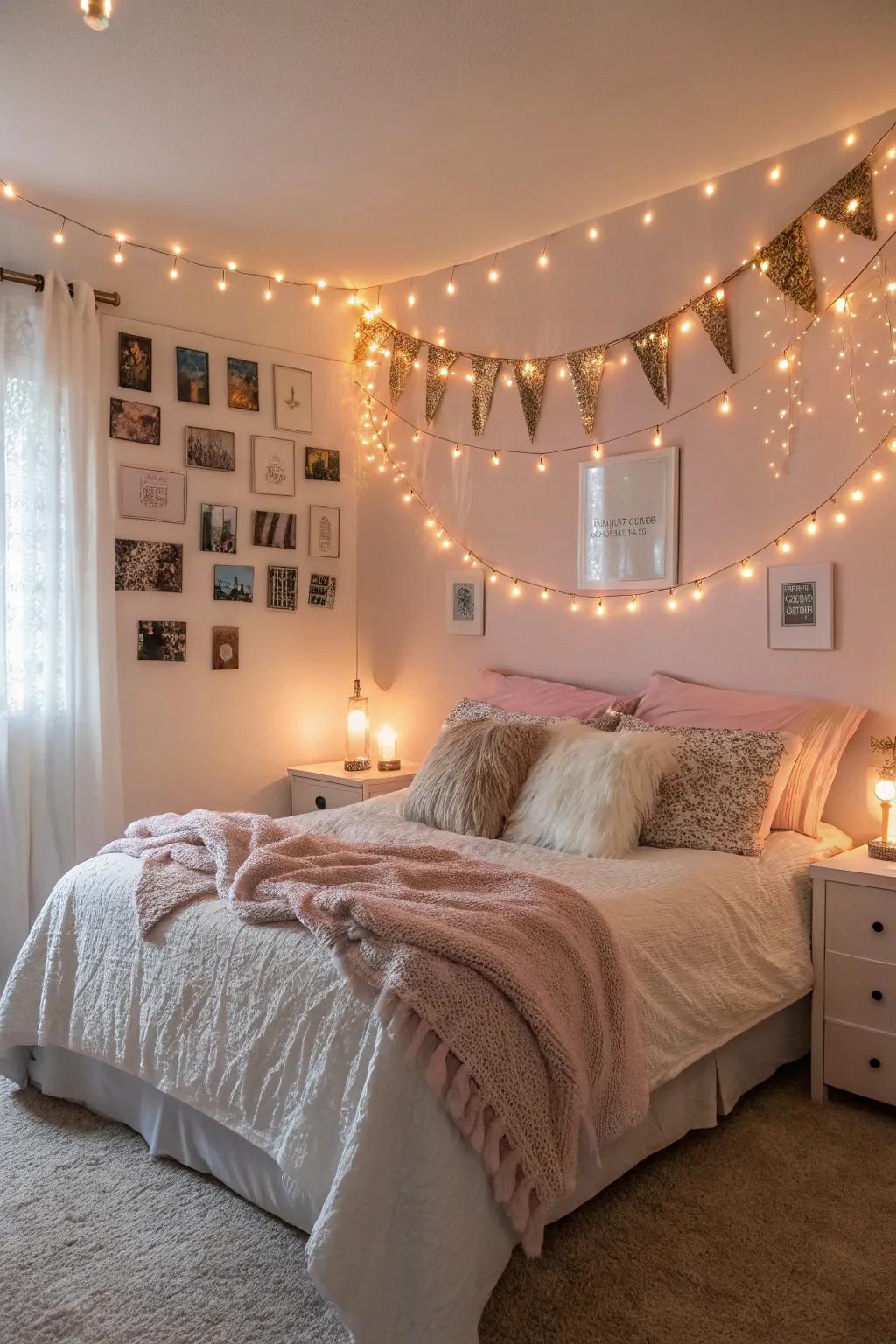 A cozy bedroom scene is enhanced with the gentle glow of sparkle strands.