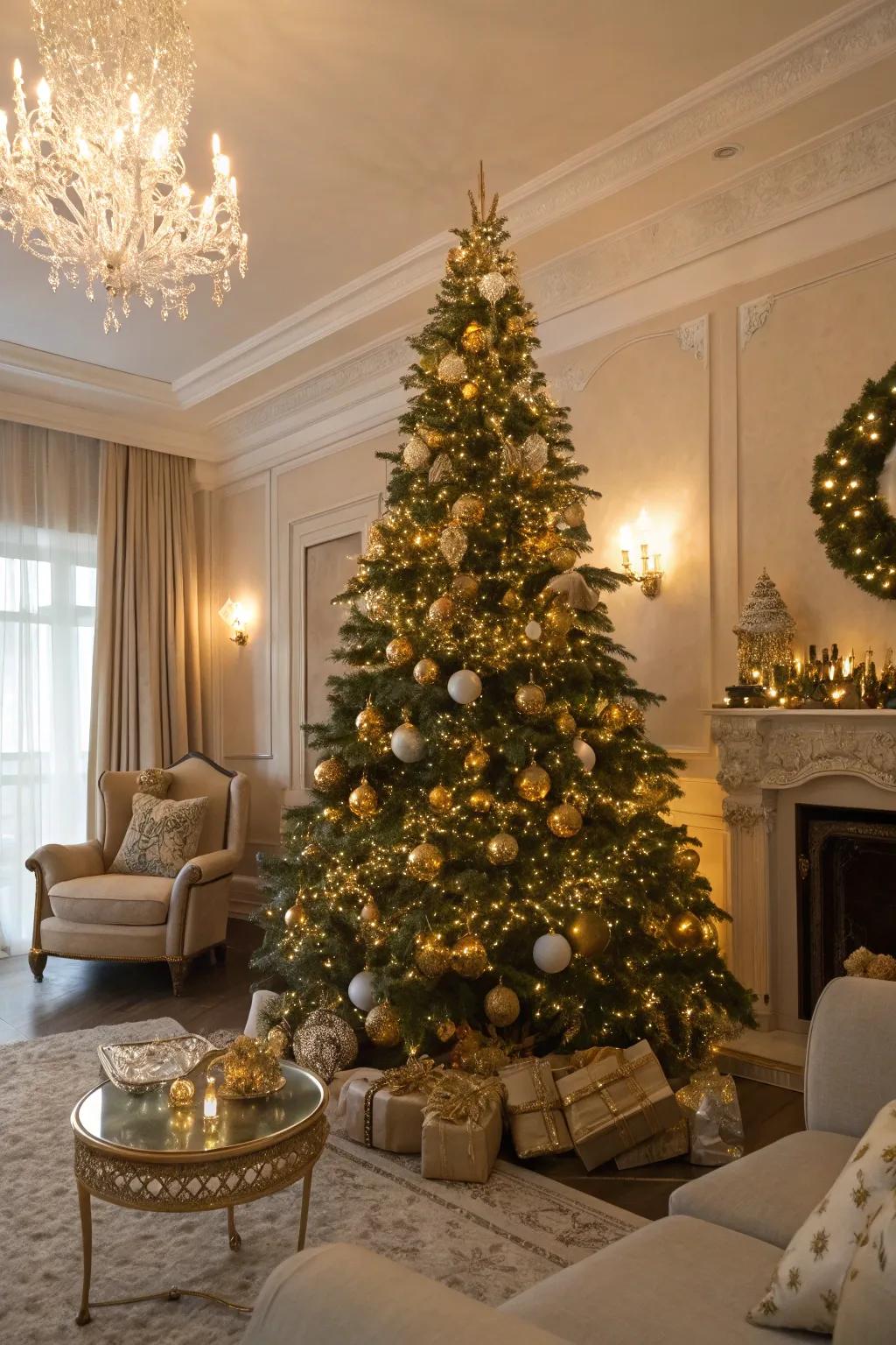 A Christmas tree showcasing gilded radiance with shimmering ornaments and inviting lights.