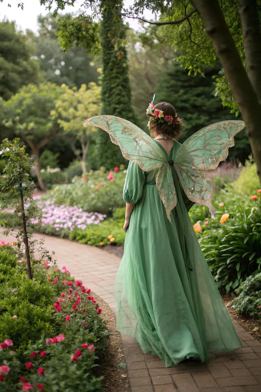 An enchanted forest sprite in a mesmerizing garden.