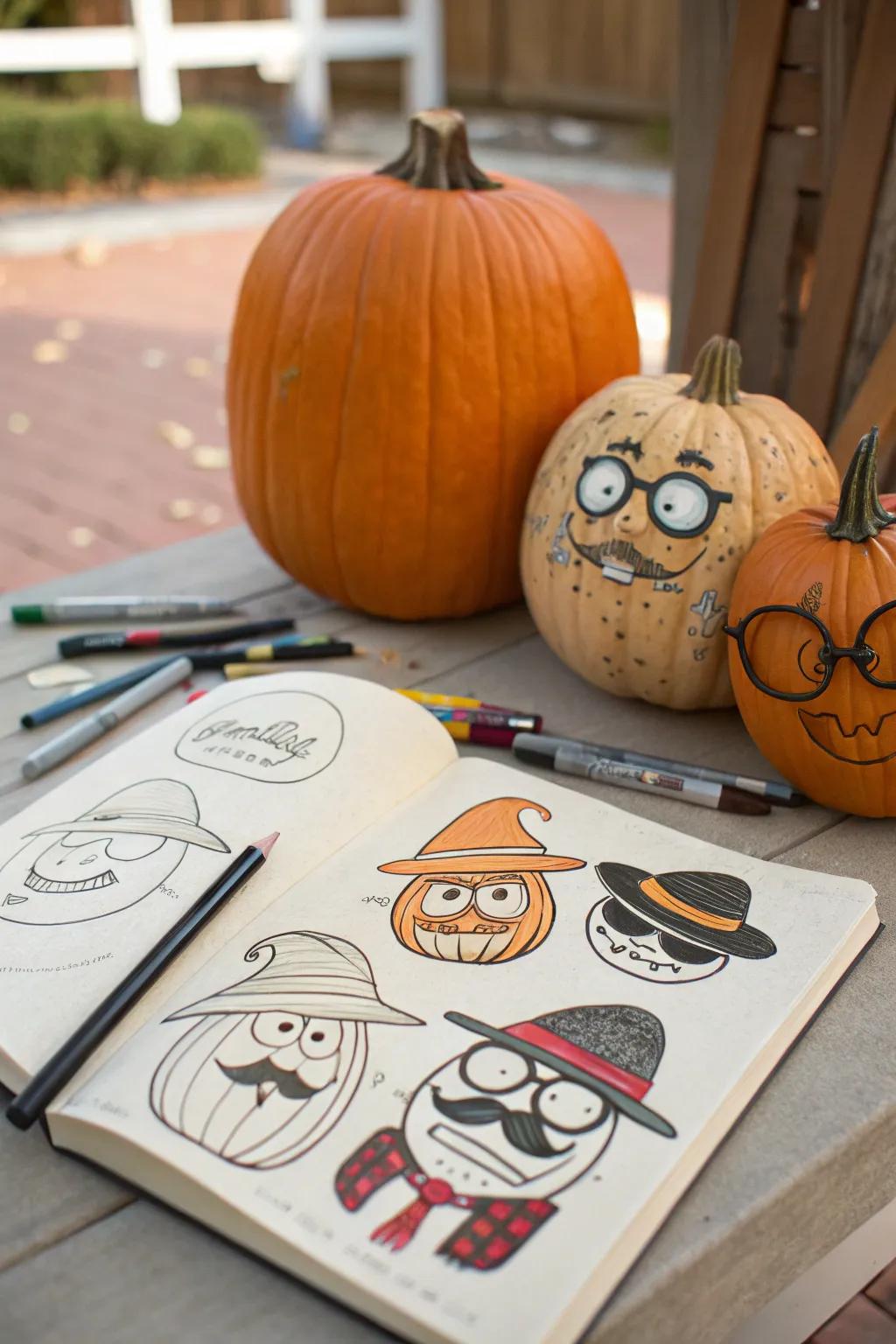 Amusing pumpkin sketches showing playful moods