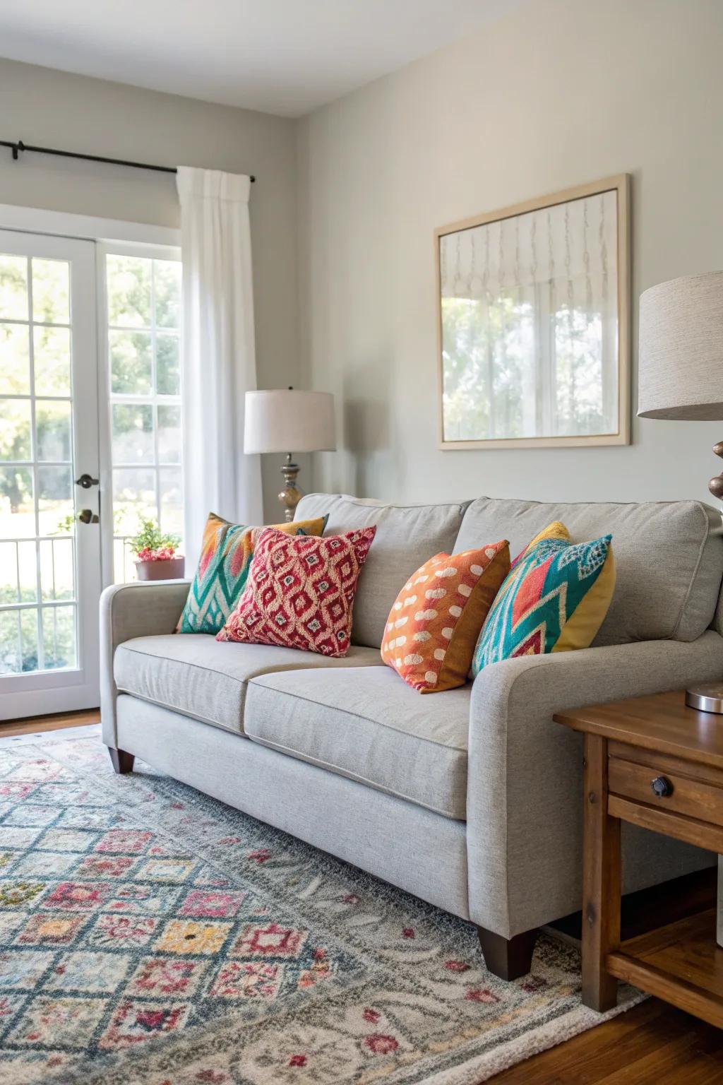 A serene living area showcasing a neutral color scheme enhanced with vibrant decorations.