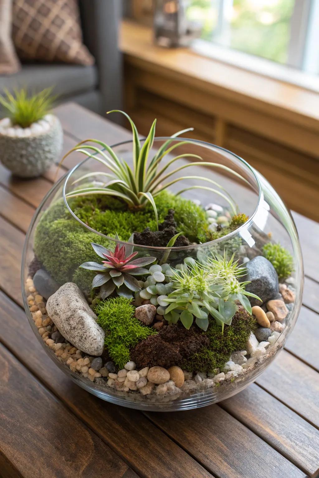 An air plant-filled glass terrarium with natural accents.