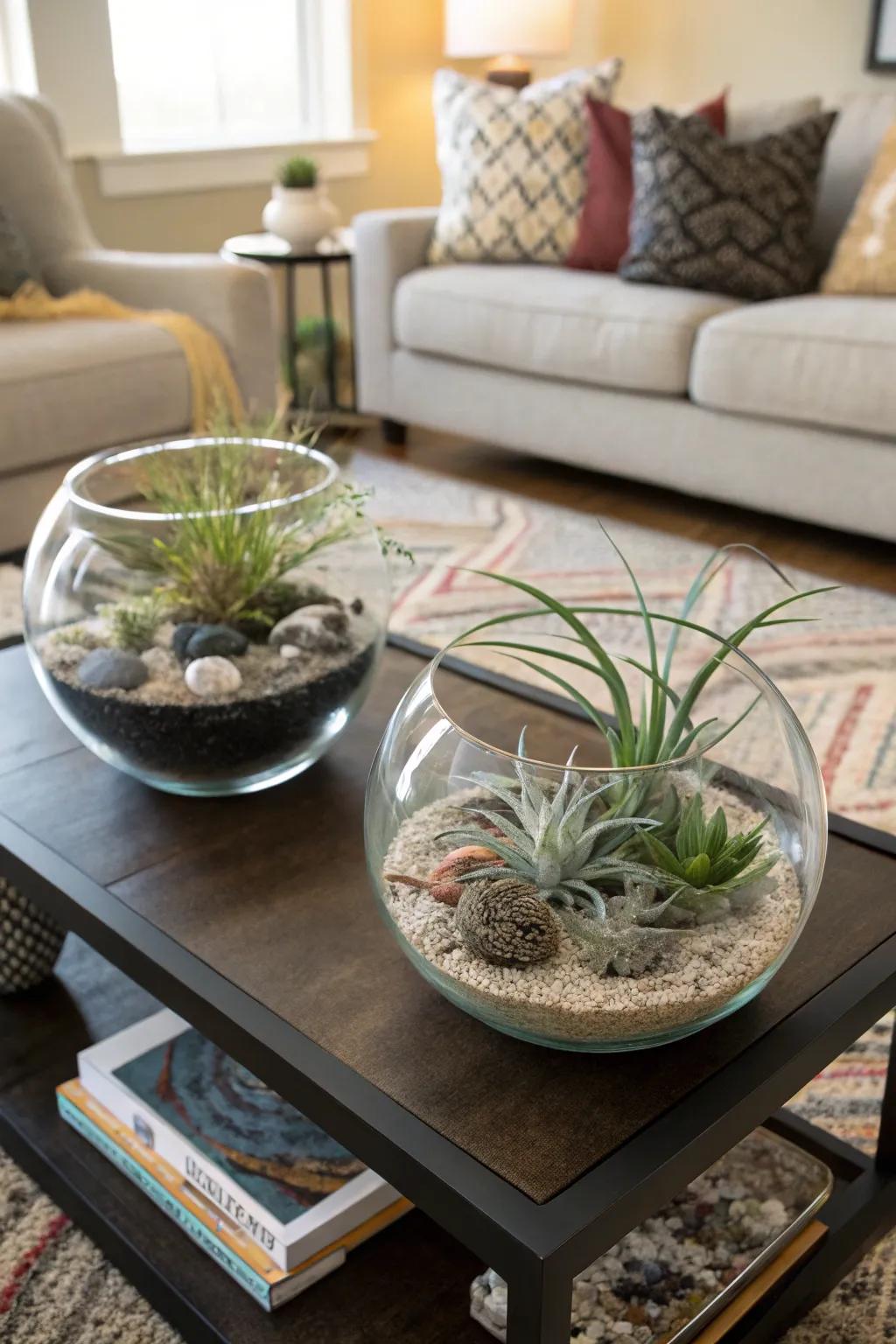 Air plants presented in elegant glass bowls.