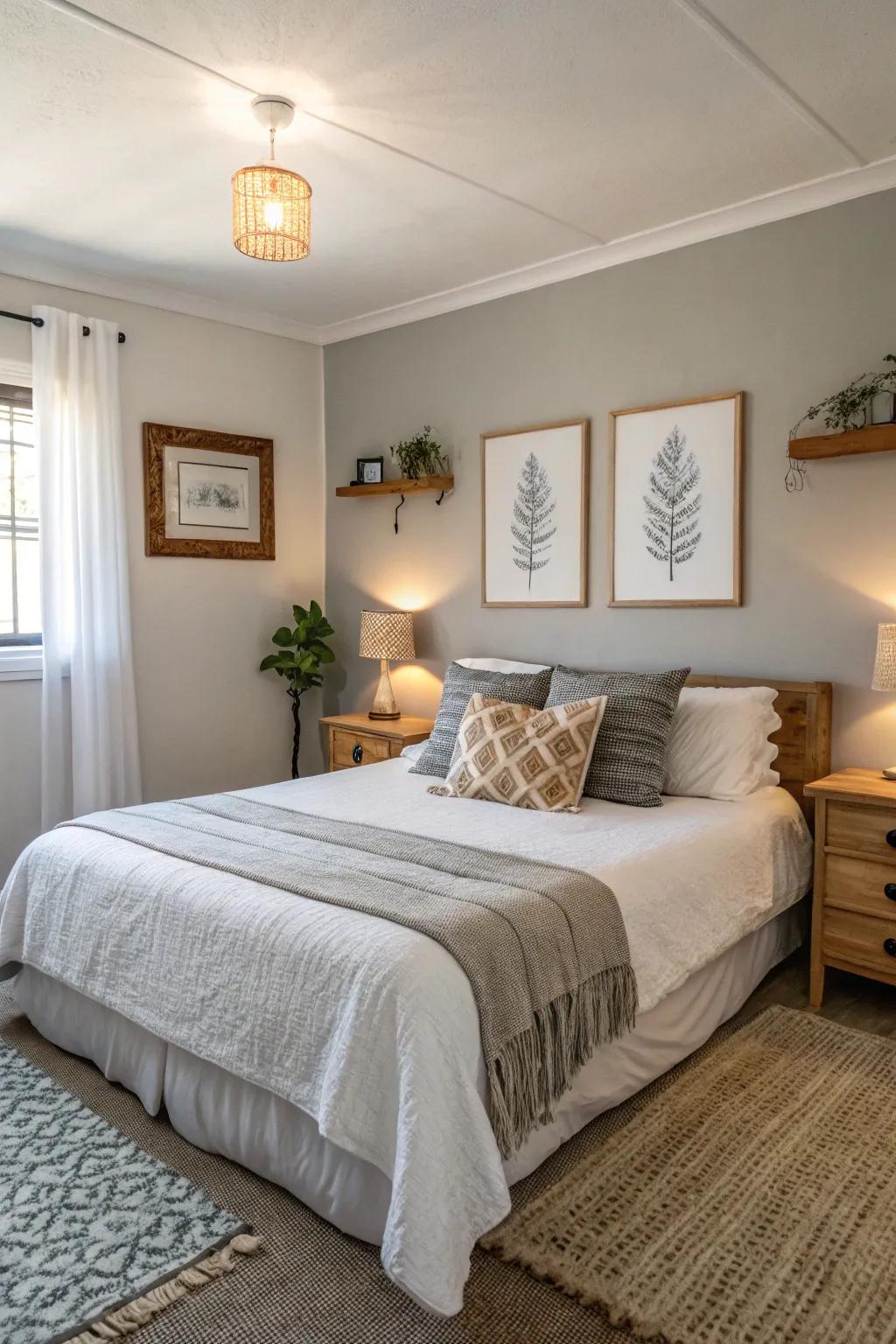 Soft shades craft a soothing and welcoming vibe in an Airbnb bedroom.