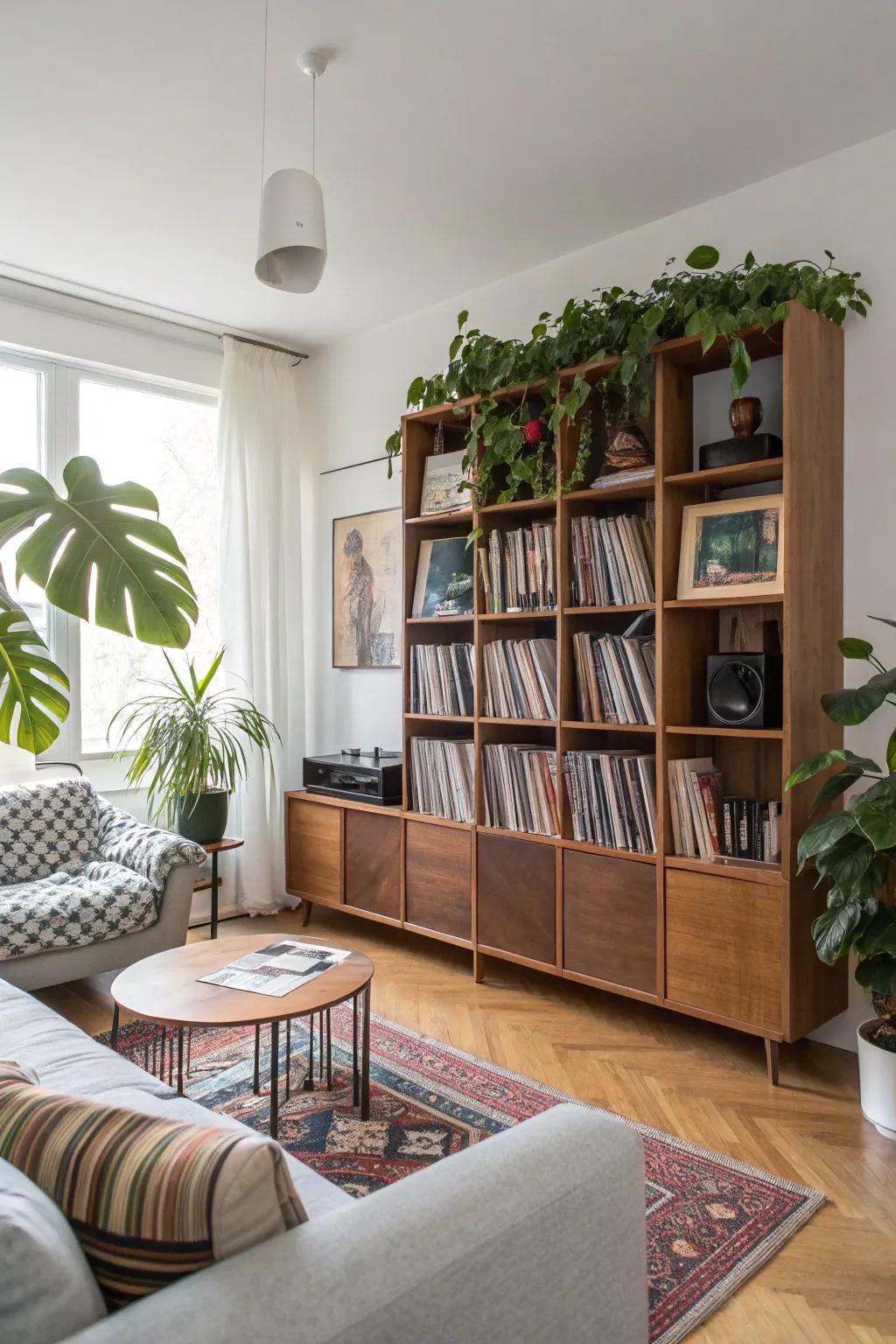 A modern shelving setup that beautifully displays vinyl records alongside decorative items.