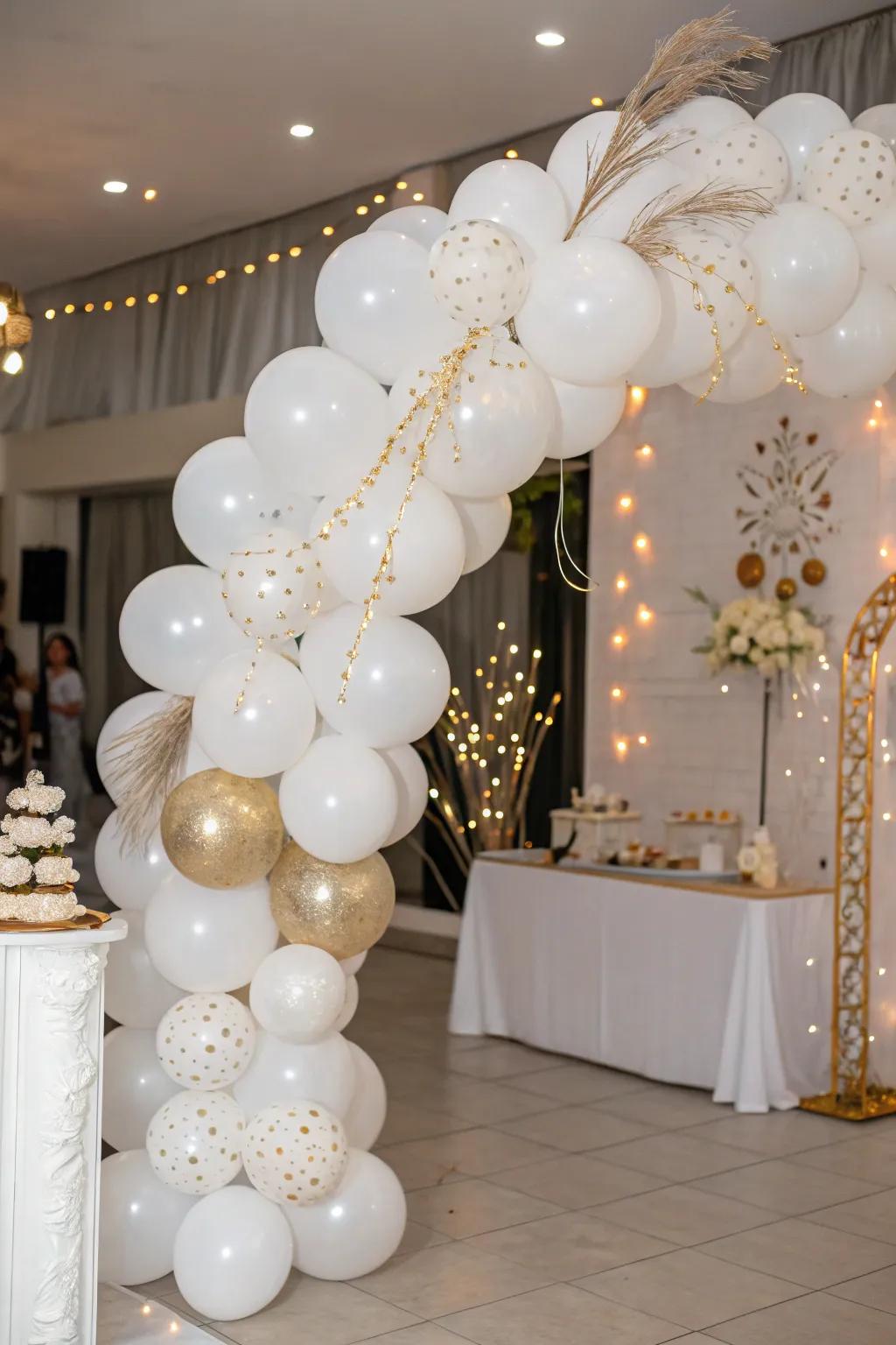 An eye-catching white balloon arch accented with gold provides an elegant welcome.