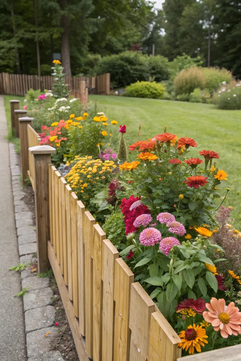 A vibrant flower bed beautifully enhances the fence line.