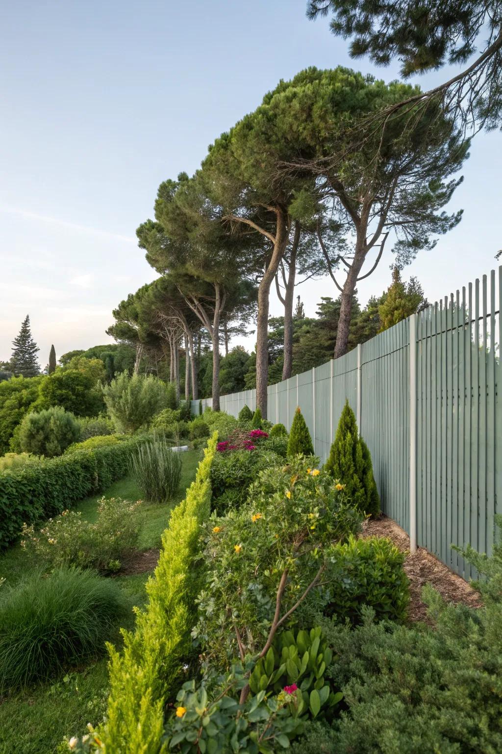 Greenery softens the lines of a sleek metal fence.