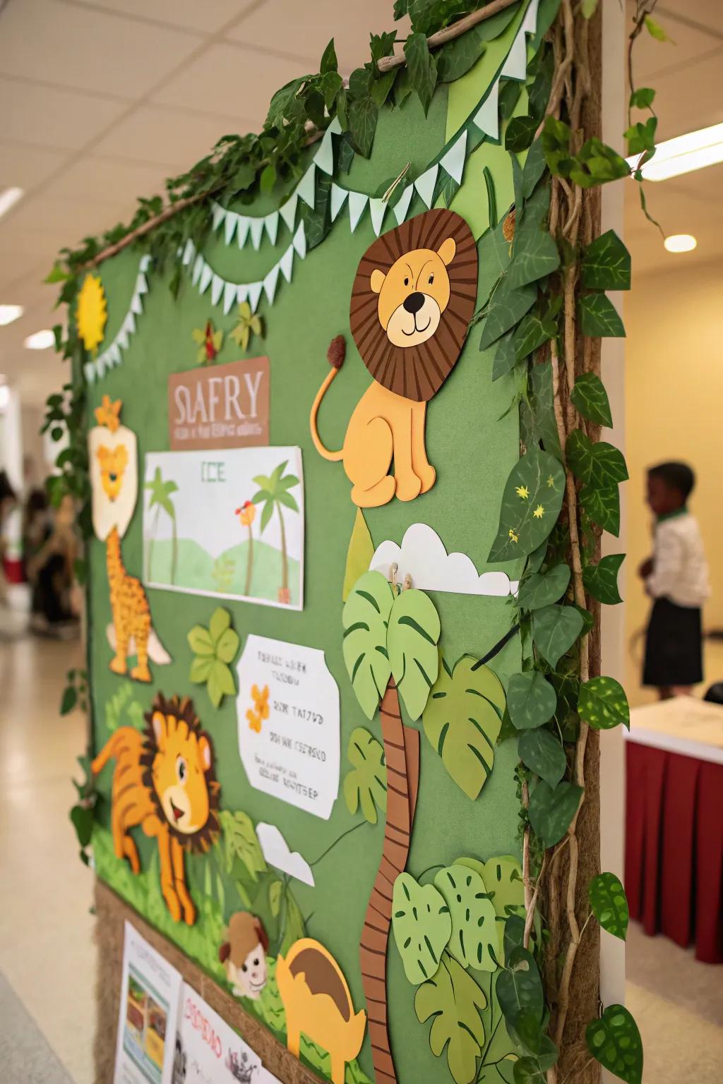A safari expedition featuring jungle creatures peering through vibrant plants.