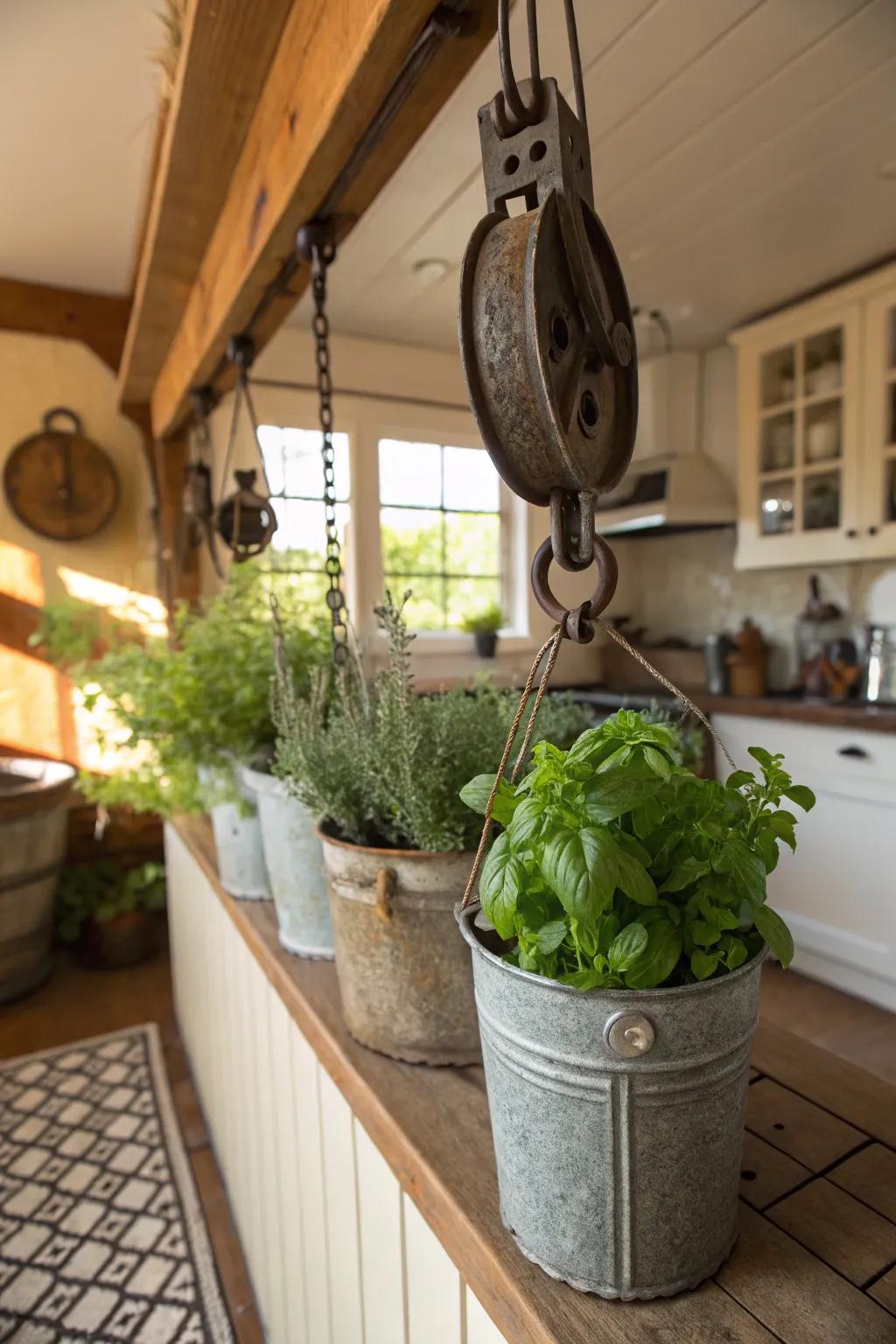 A pulley-operated herb garden infuses the kitchen with both freshness and aesthetic appeal.