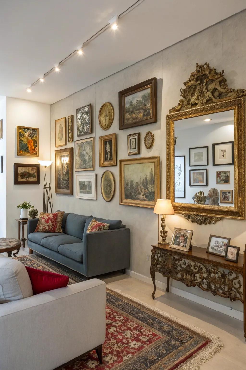 An eye-catching gallery wall featuring vintage artworks and looking glasses.